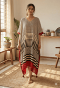 Black Red Uneven Stripes Ajrakh Handblock Kaftan - Neela Ghar