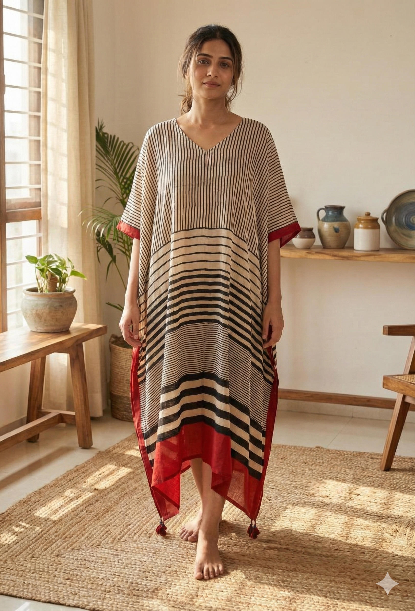 Black Red Uneven Stripes Ajrakh Handblock Kaftan