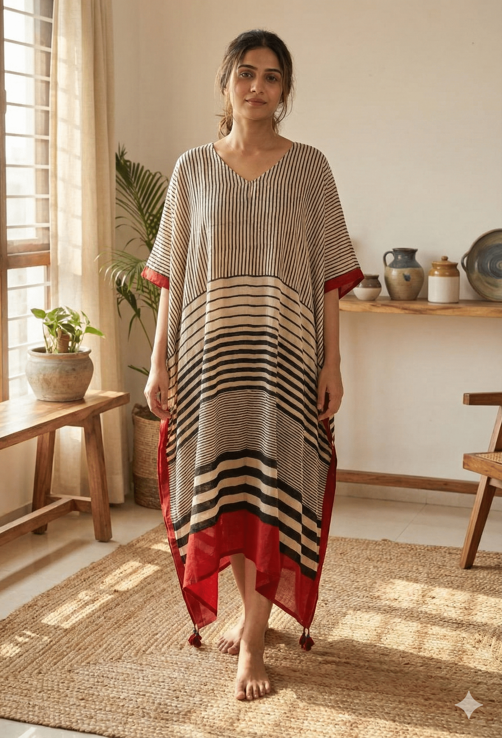 Black Red Uneven Stripes Ajrakh Handblock Kaftan - Neela Ghar