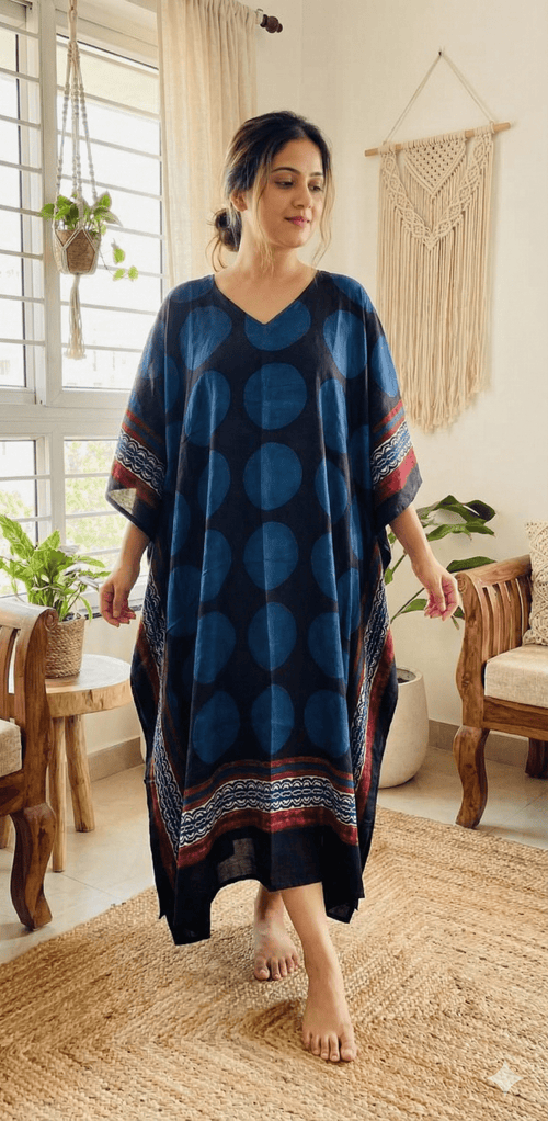Black Indigo Circle Ajrakh Handblock Kaftan - Neela Ghar