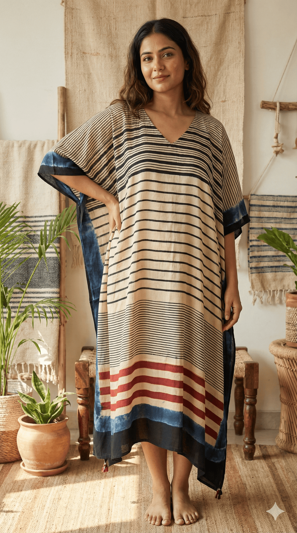 White Classic Horizontal Uneven Stripes Ajrakh Handblock Kaftan - Neela Ghar
