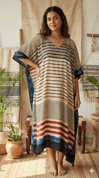 White Classic Horizontal Uneven Stripes Ajrakh Handblock Kaftan - Neela Ghar