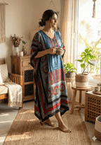 Indigo Red Evil Eye Ajrakh Handblock Kaftan - Neela Ghar