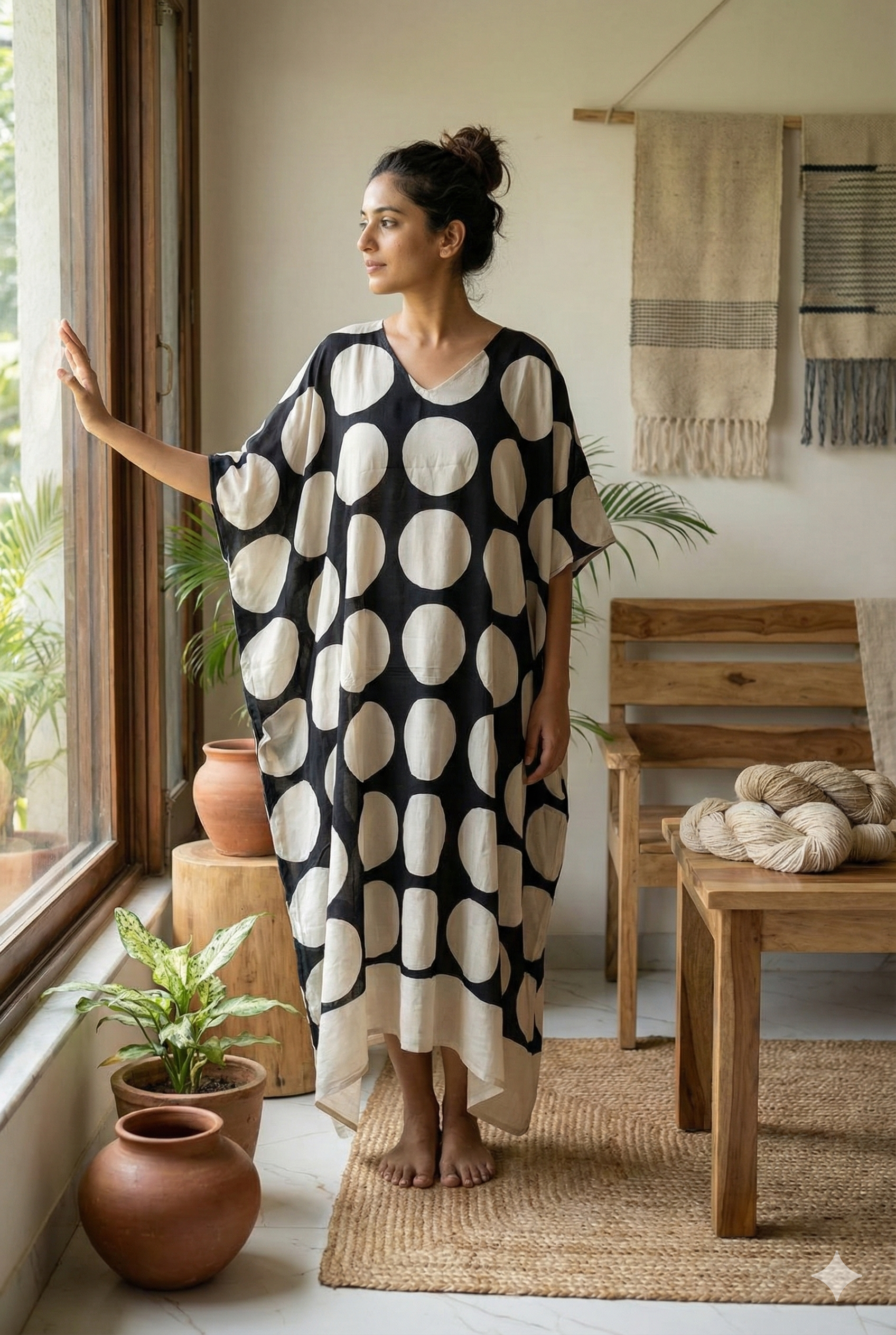 Black White Classic Ajrakh Handblock Kaftan