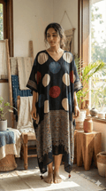 Black Multi Color Moon Ajrakh Handblock Kaftan - Neela Ghar