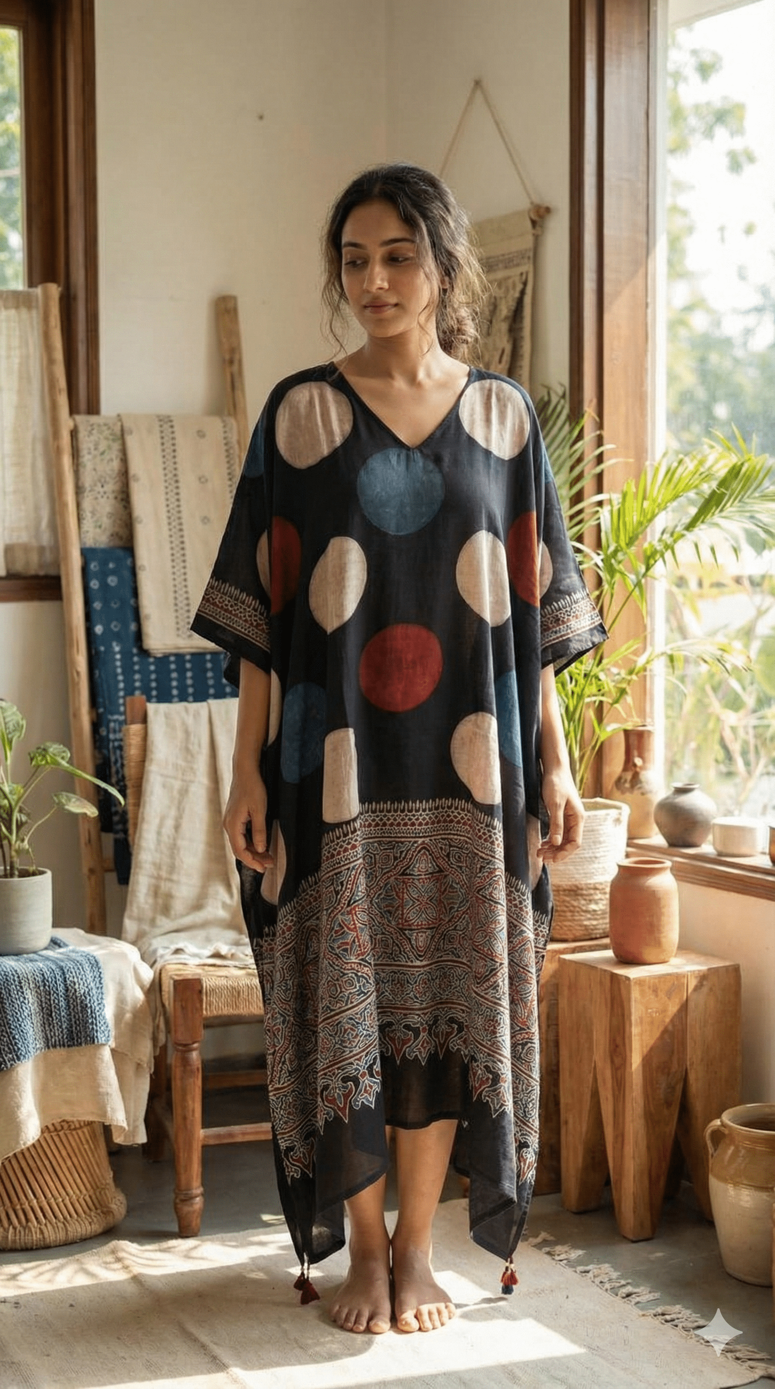 Black Multi Color Moon Ajrakh Handblock Kaftan - Neela Ghar