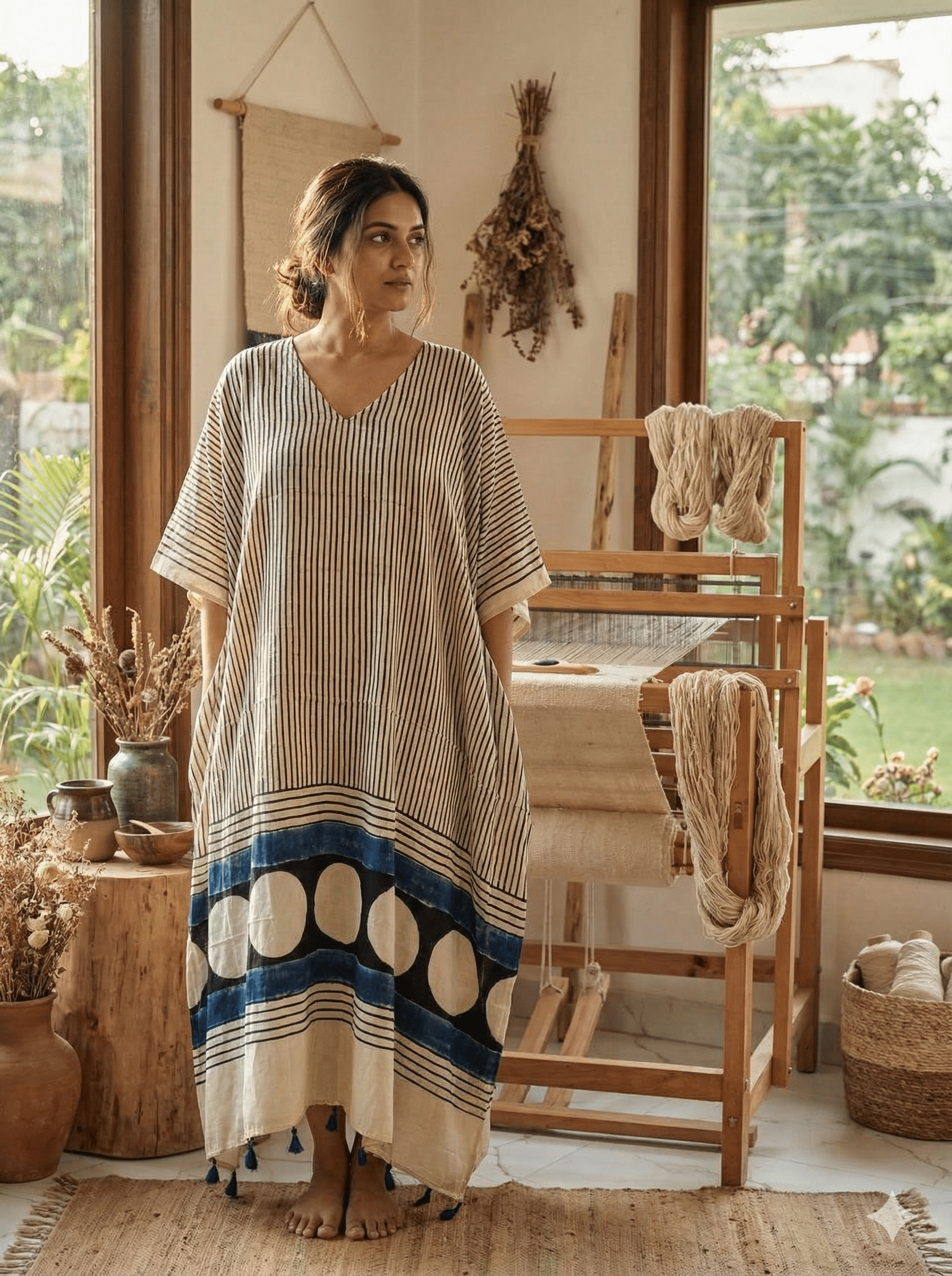 White Micro Stripes Ajrakh Handblock Modalsilk Kaftan - Neela Ghar