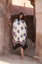 White Evil Eye Ajrakh Handblock Kaftan Dress - Neela Ghar