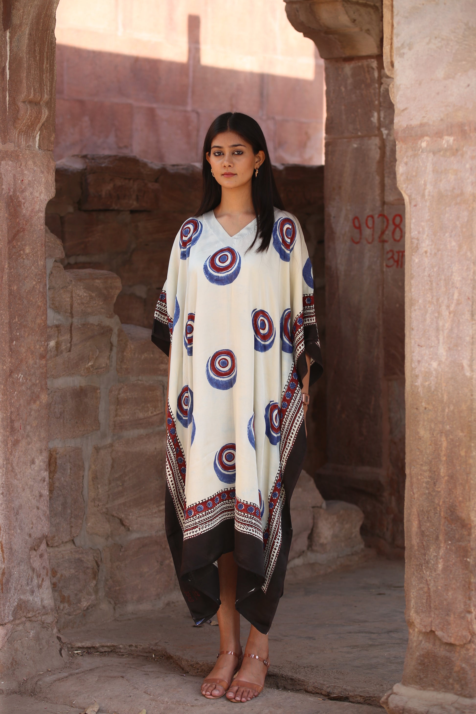 White Evil Eye Ajrakh Handblock Kaftan Dress