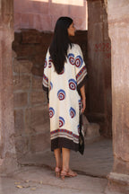 White Evil Eye Ajrakh Handblock Kaftan Dress - Neela Ghar