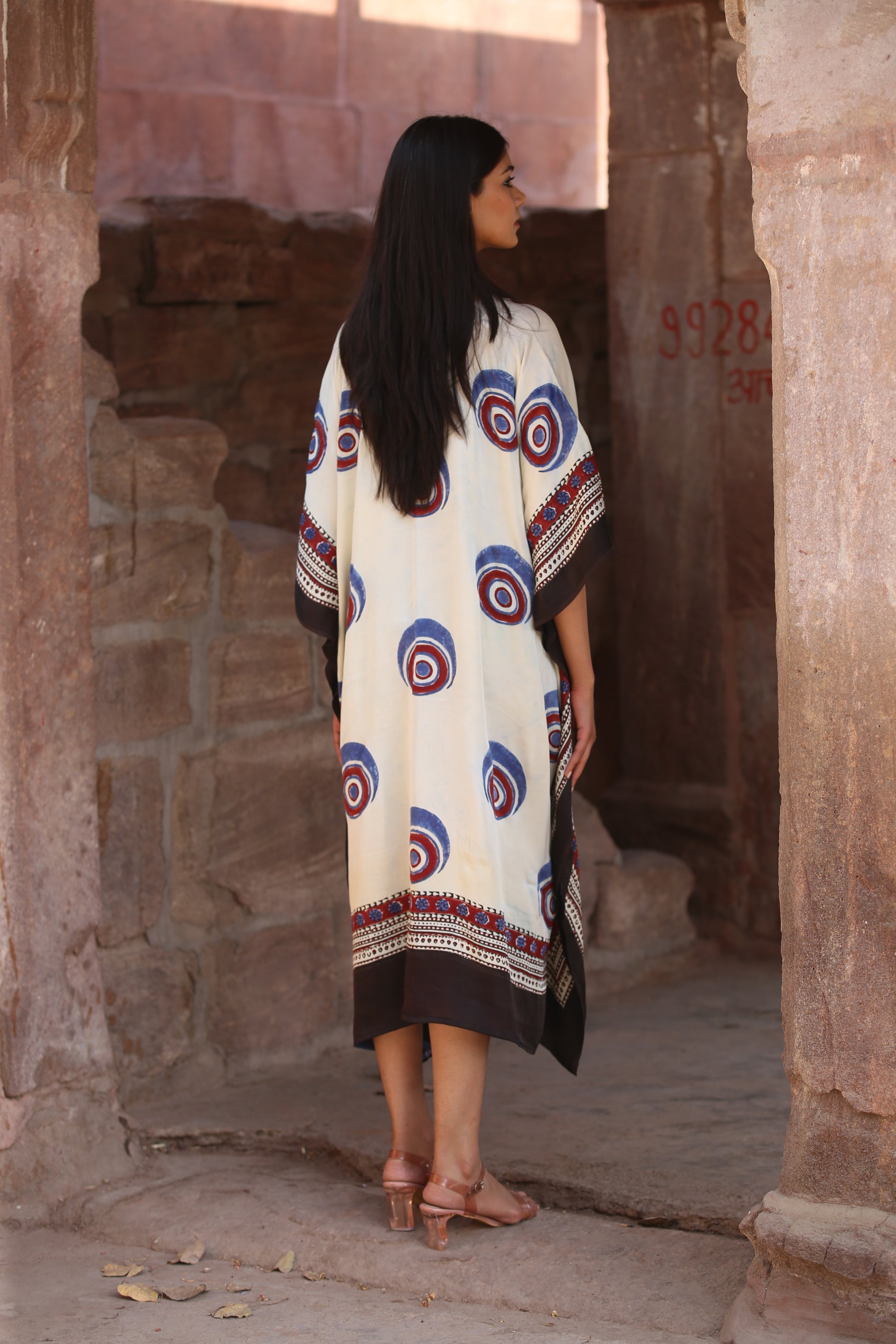 White Evil Eye Ajrakh Handblock Kaftan Dress