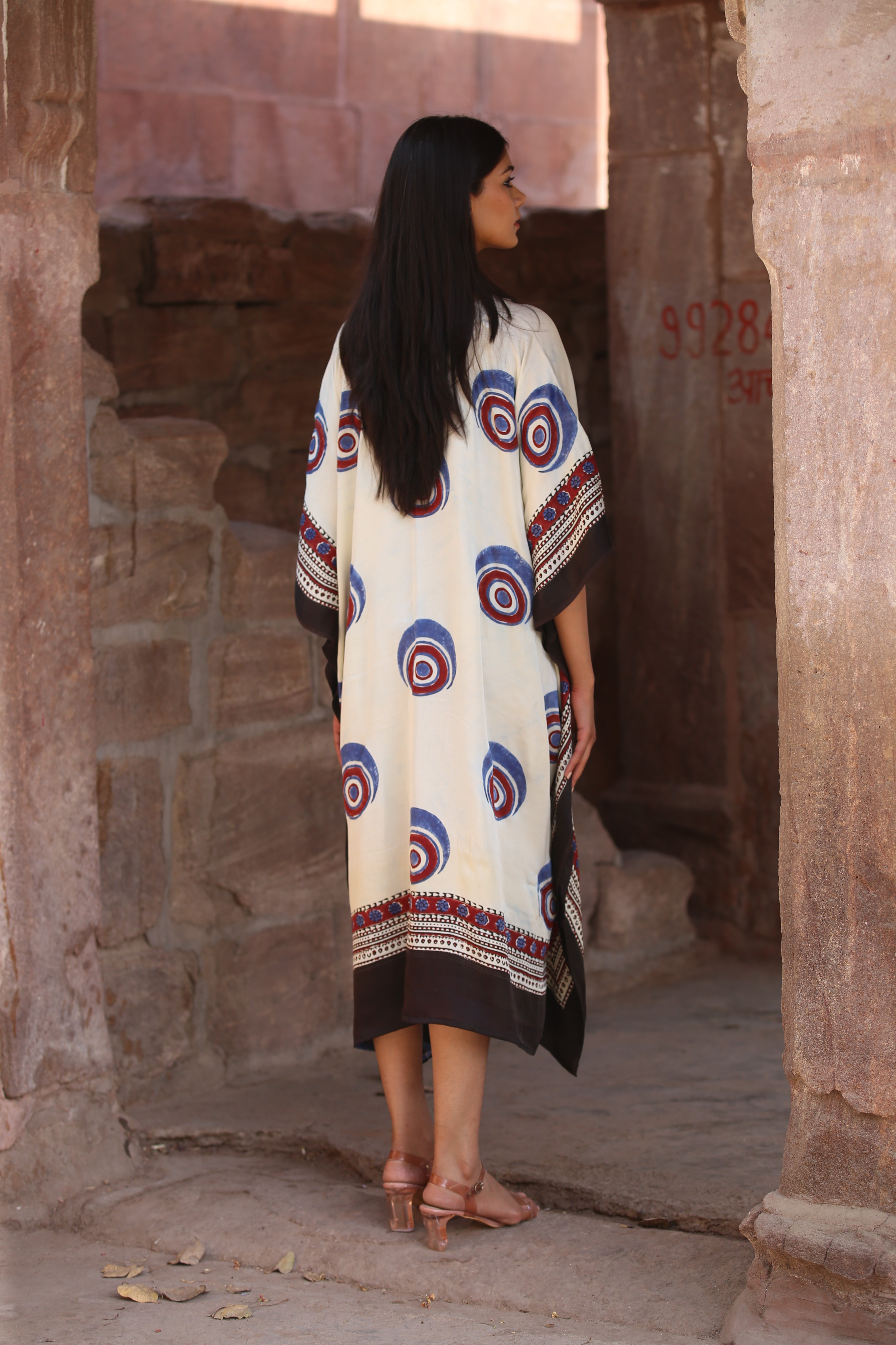 White Evil Eye Ajrakh Handblock Kaftan Dress - Neela Ghar