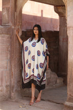 White Evil Eye Ajrakh Handblock Kaftan Dress - Neela Ghar
