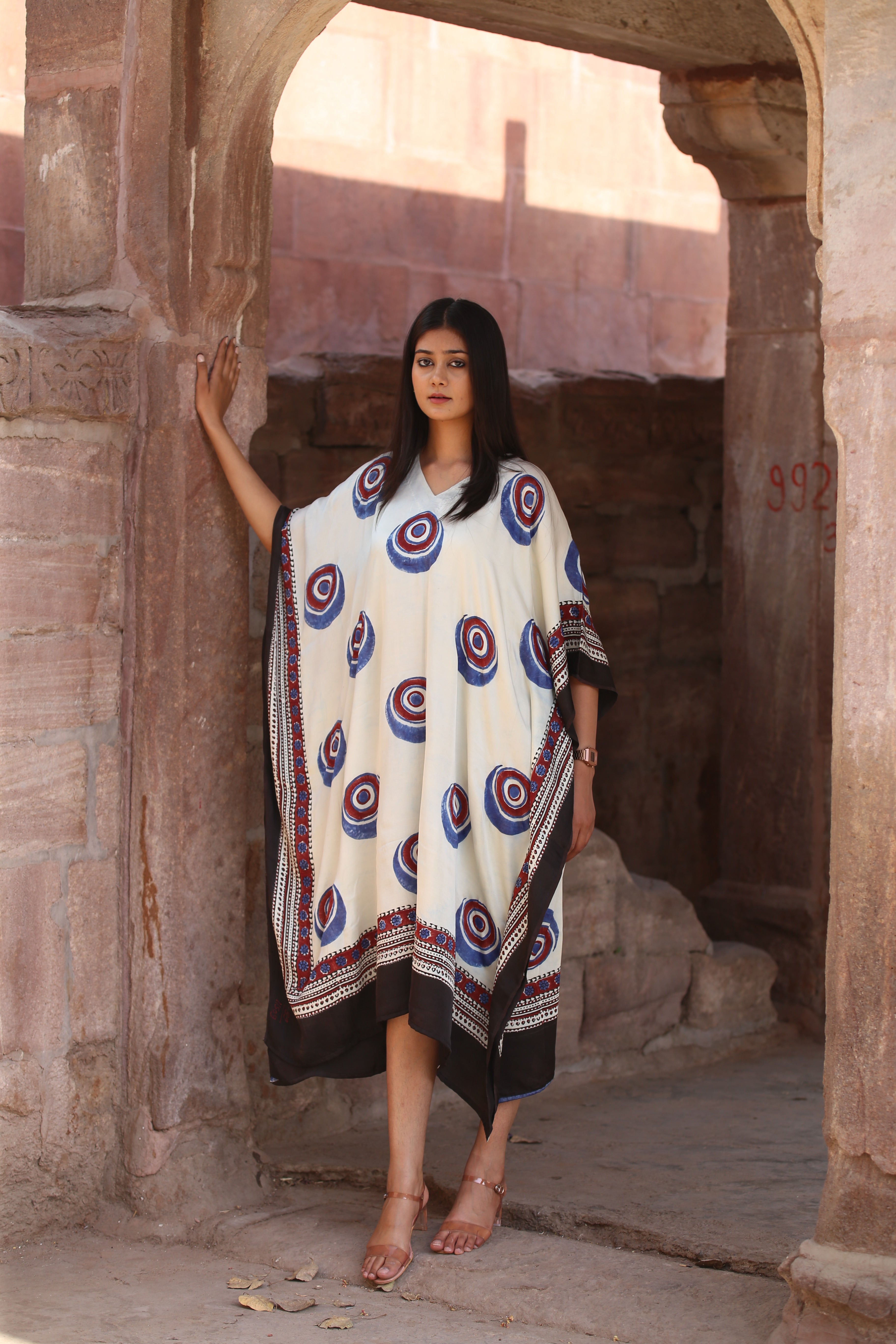 White Evil Eye Ajrakh Handblock Kaftan Dress - Neela Ghar