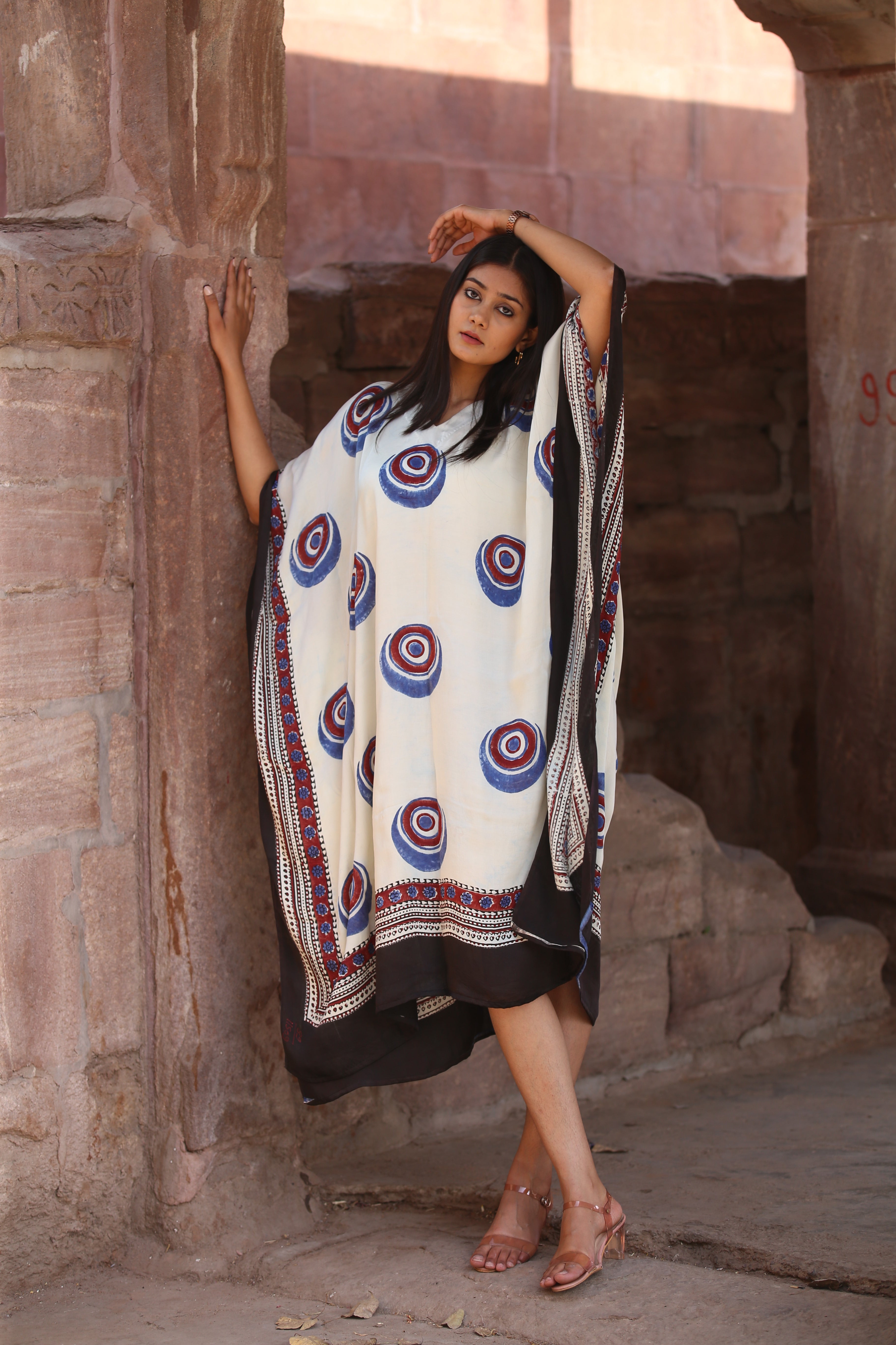 White Evil Eye Ajrakh Handblock Kaftan Dress - Neela Ghar