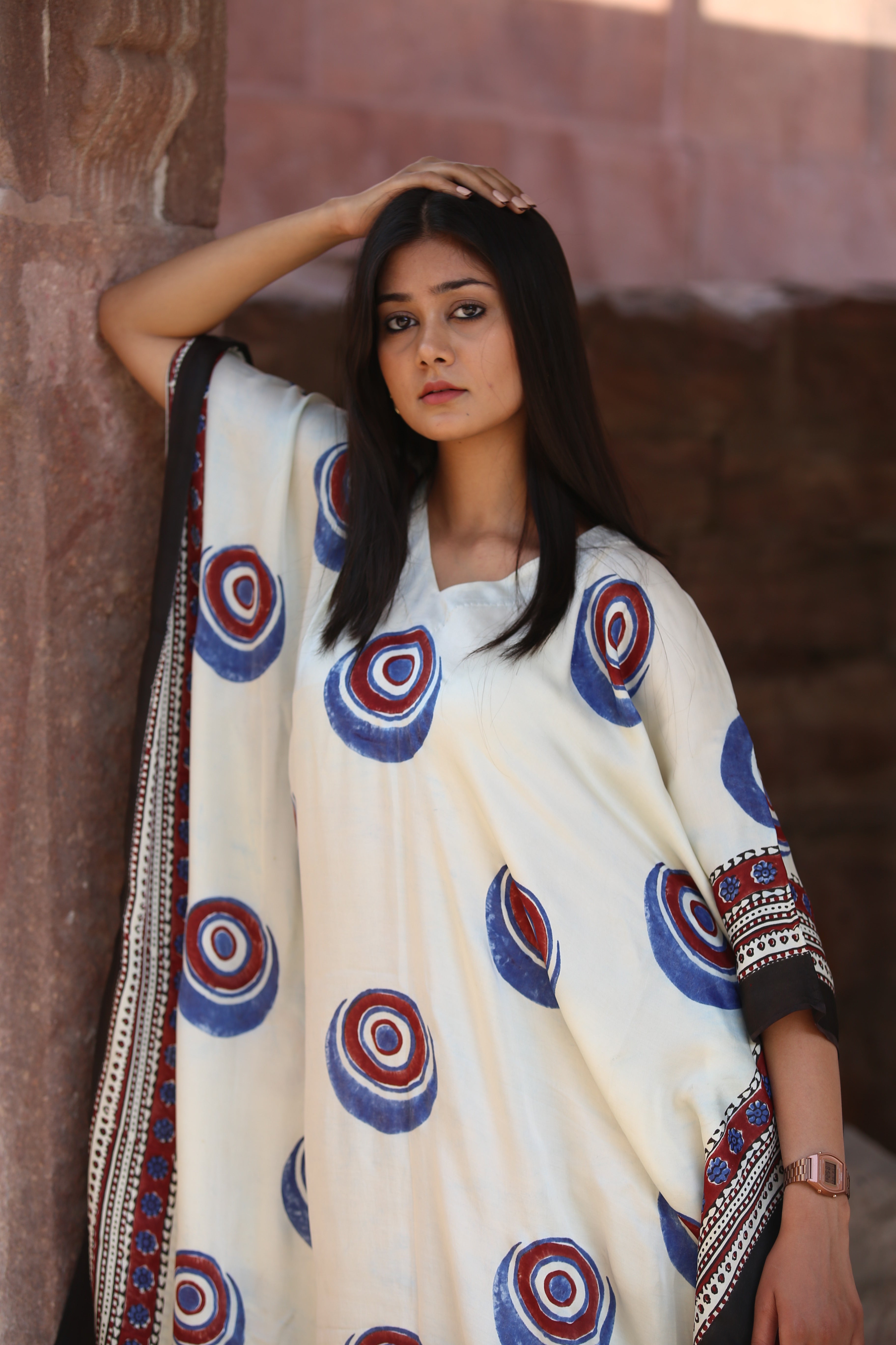 White Evil Eye Ajrakh Handblock Kaftan Dress - Neela Ghar
