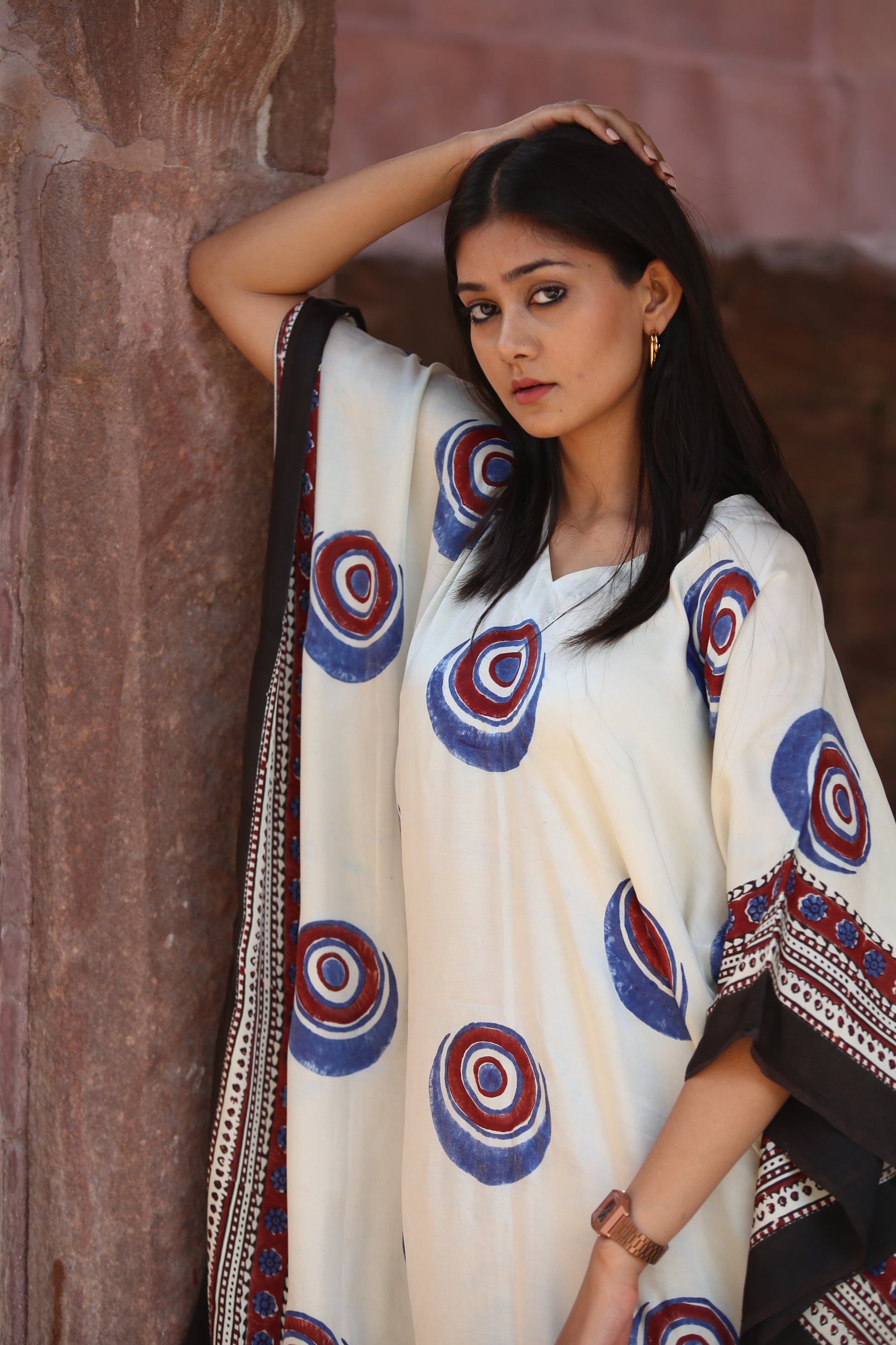 White Evil Eye Ajrakh Handblock Kaftan Dress