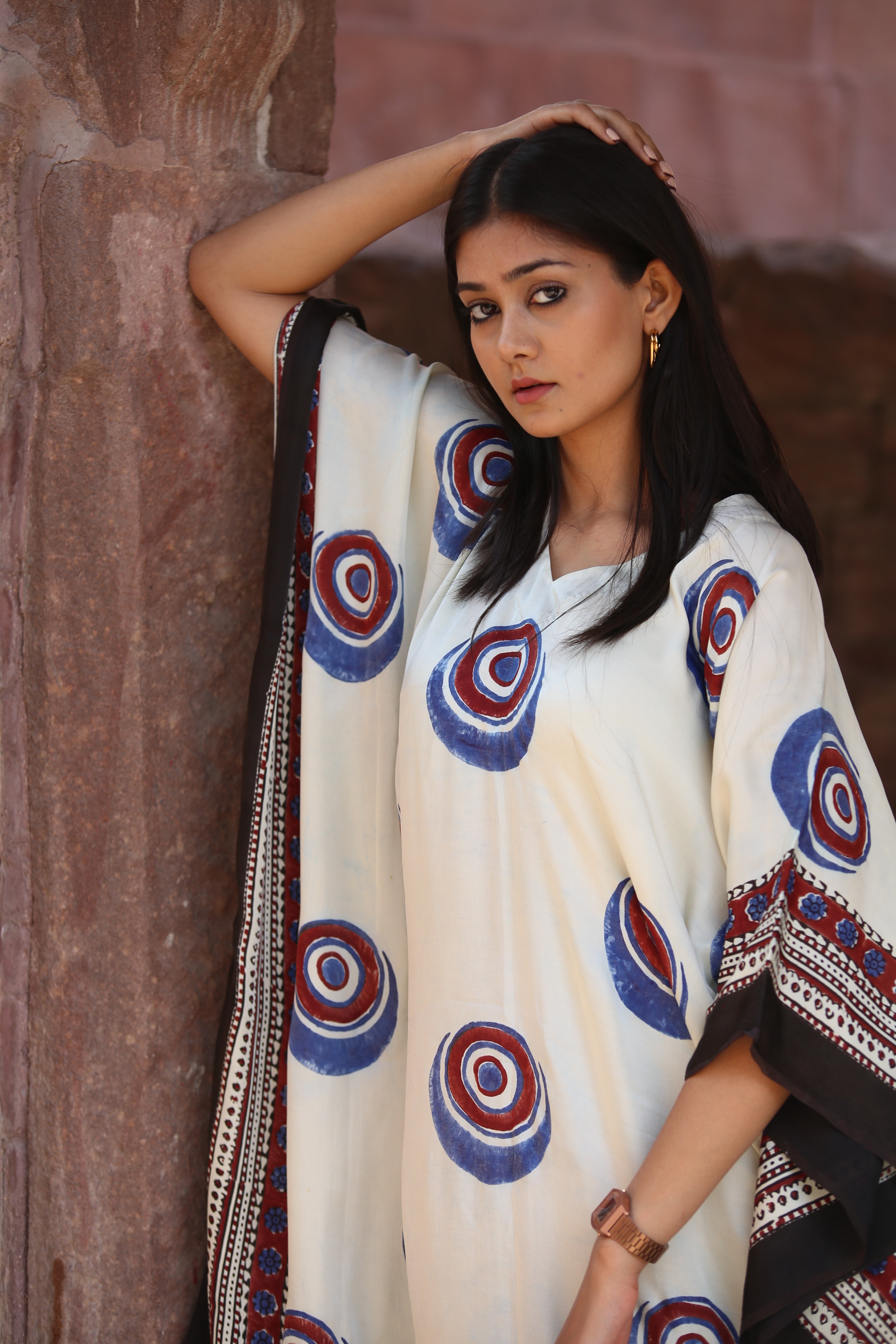 White Evil Eye Ajrakh Handblock Kaftan Dress - Neela Ghar