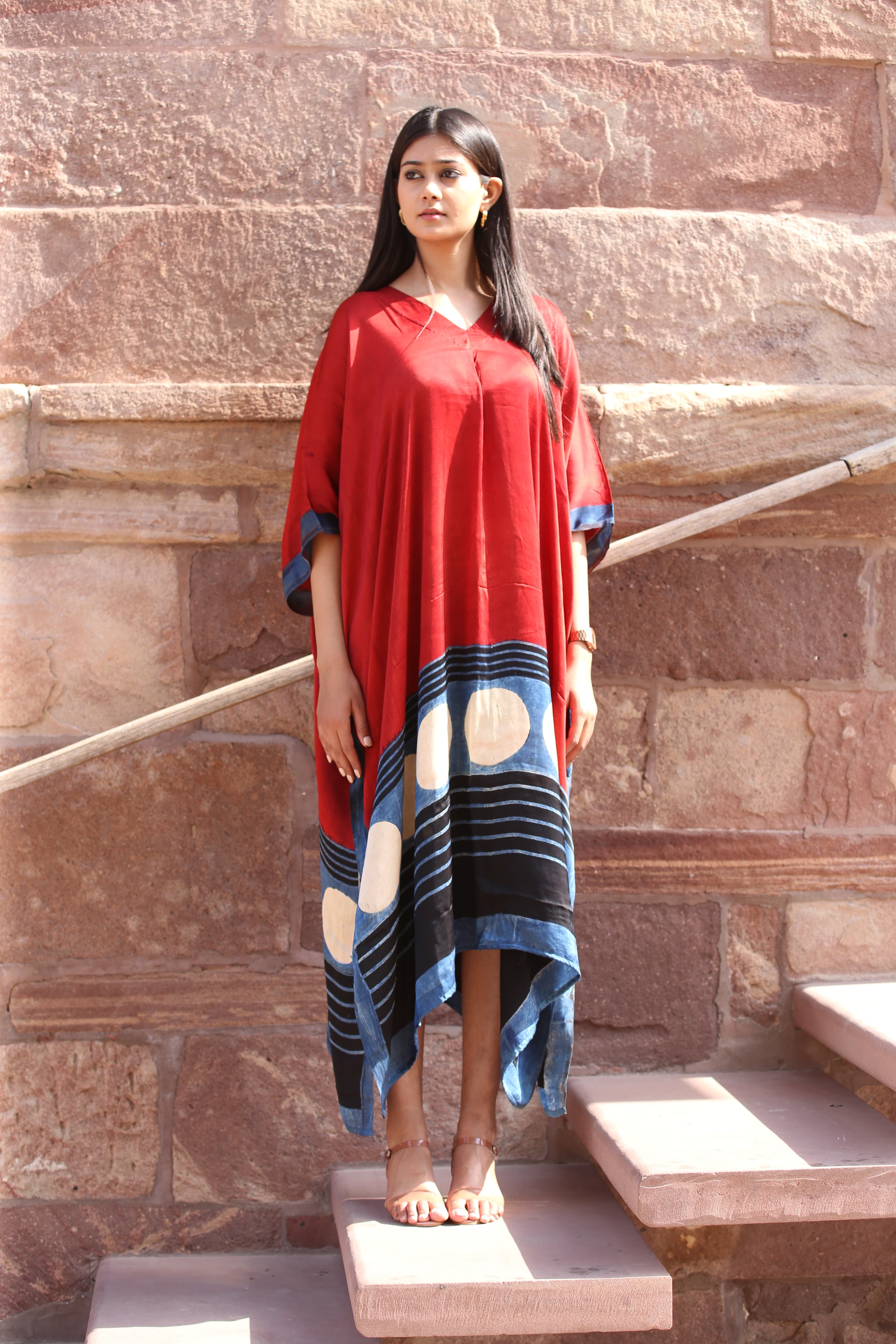 Mud Rust Ajrakh Handblock Kaftan - Neela Ghar
