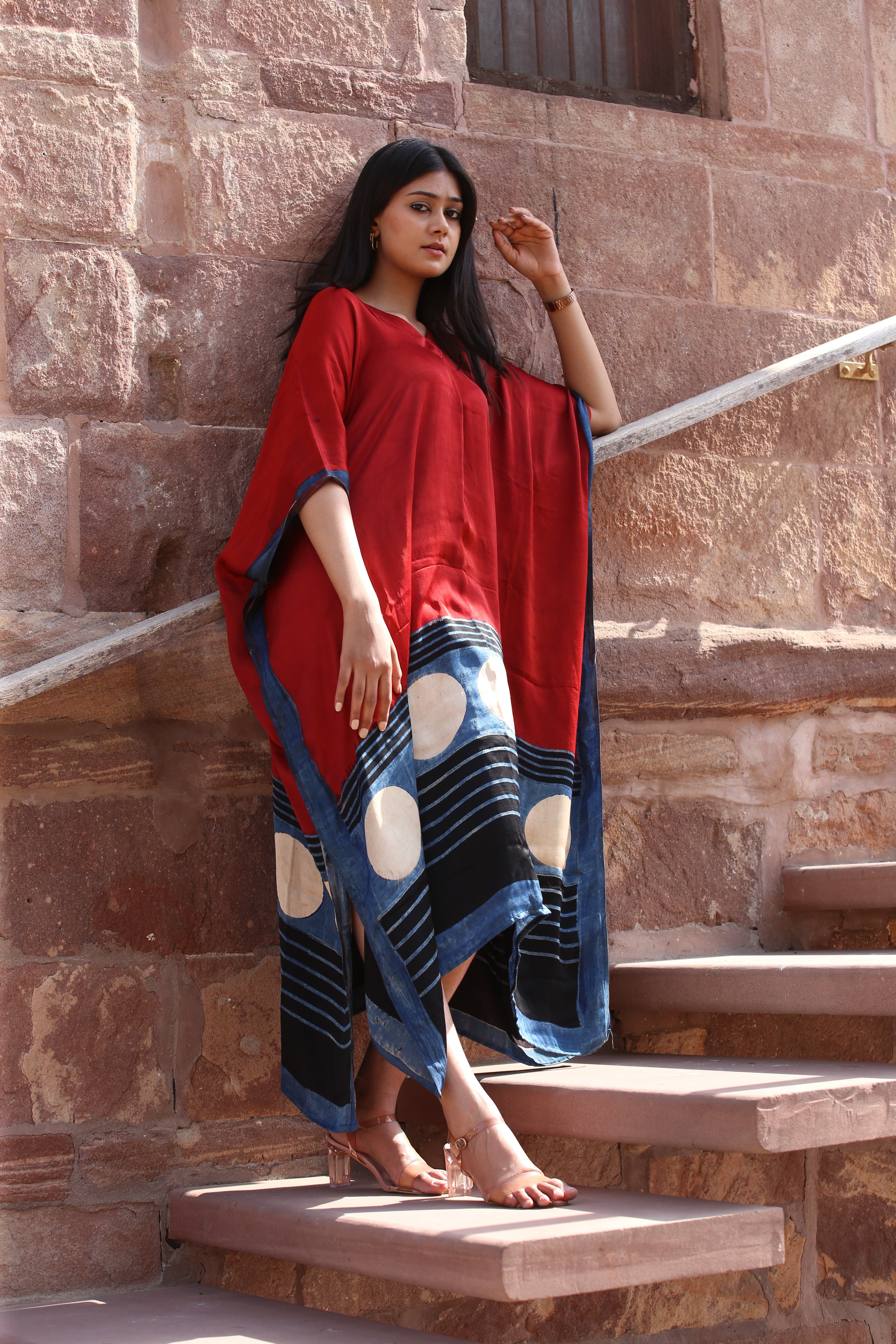 Mud Rust Ajrakh Handblock Kaftan - Neela Ghar