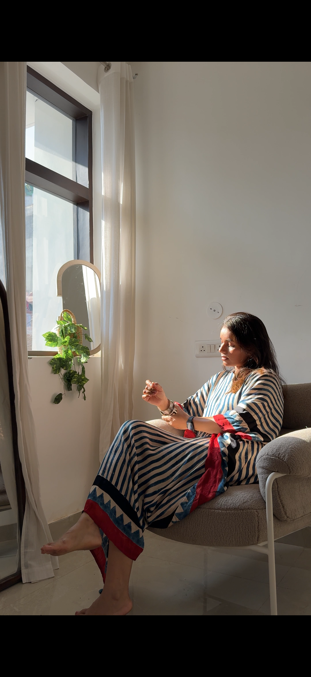 White Blue Stripes Ajrakh Handblock Kaftan