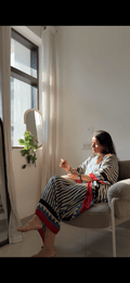 White Blue Stripes Ajrakh Handblock Kaftan - Neela Ghar