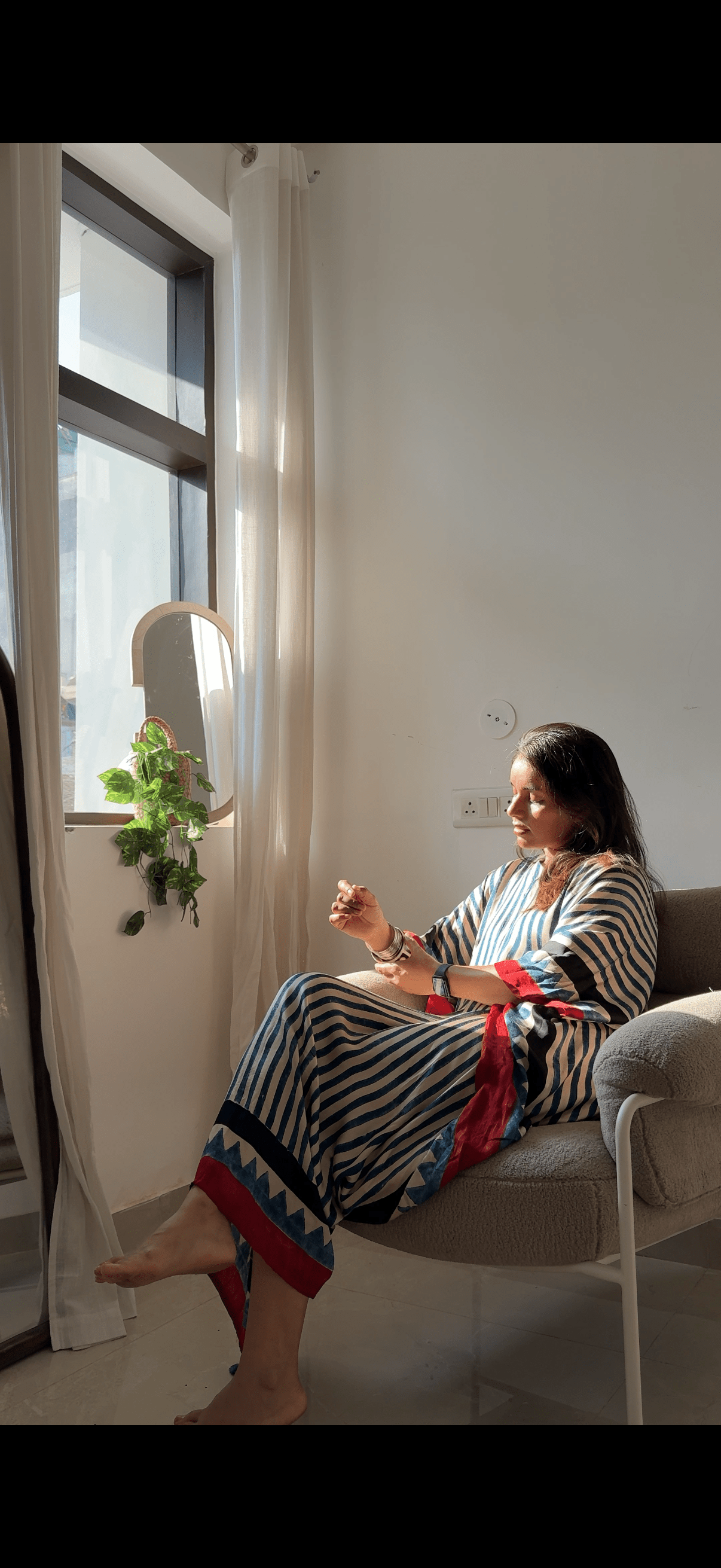White Blue Stripes Ajrakh Handblock Kaftan - Neela Ghar