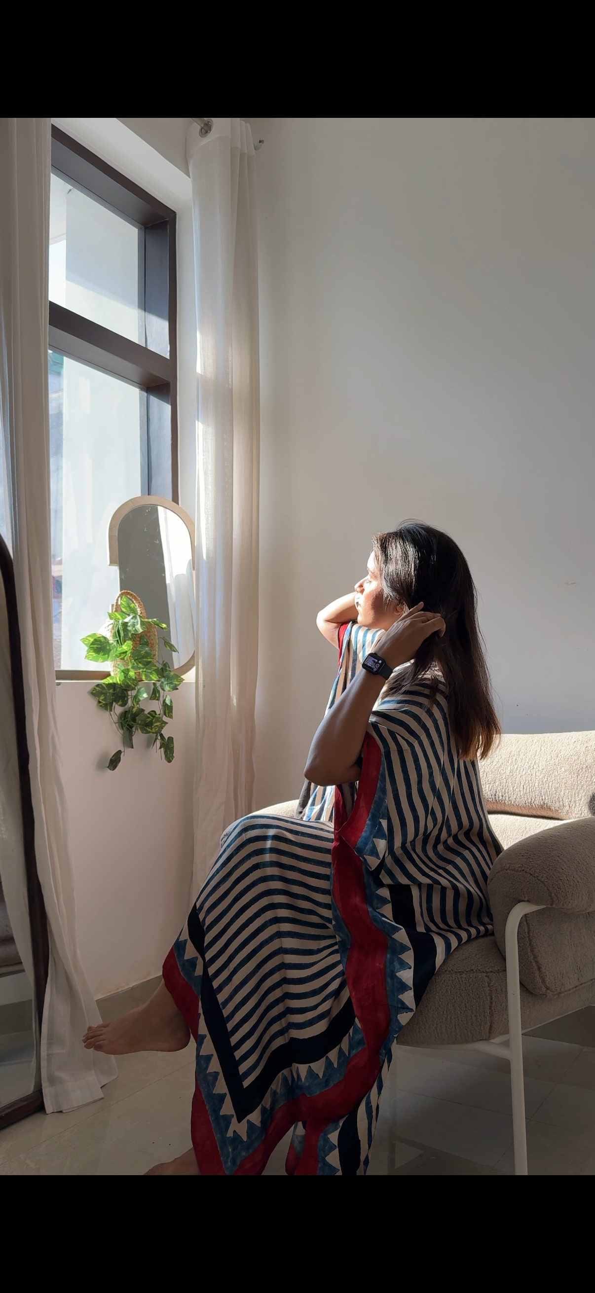 White Blue Stripes Ajrakh Handblock Kaftan