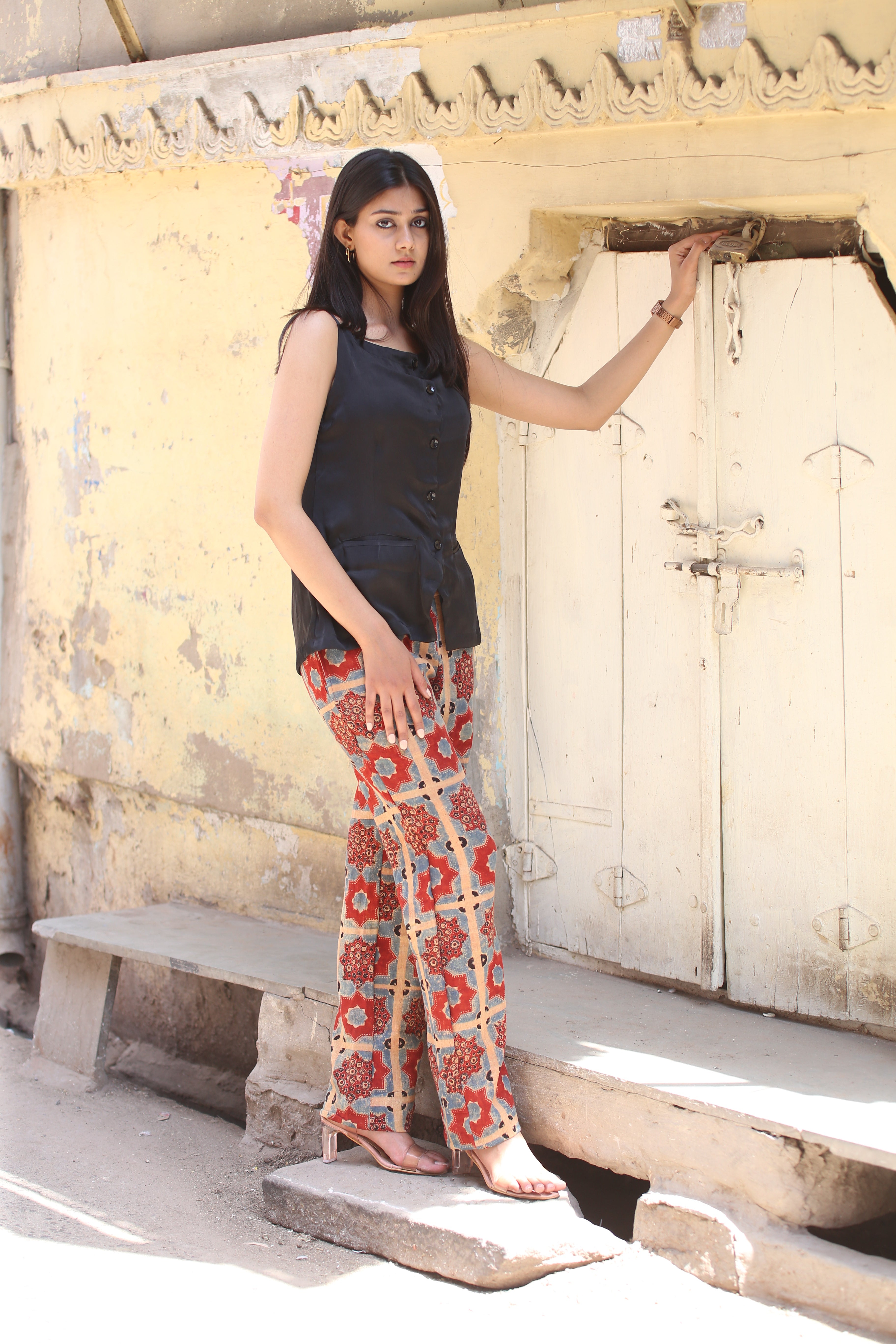 Ajrakh Handblock Kala Cotton Straight Pants - Neela Ghar