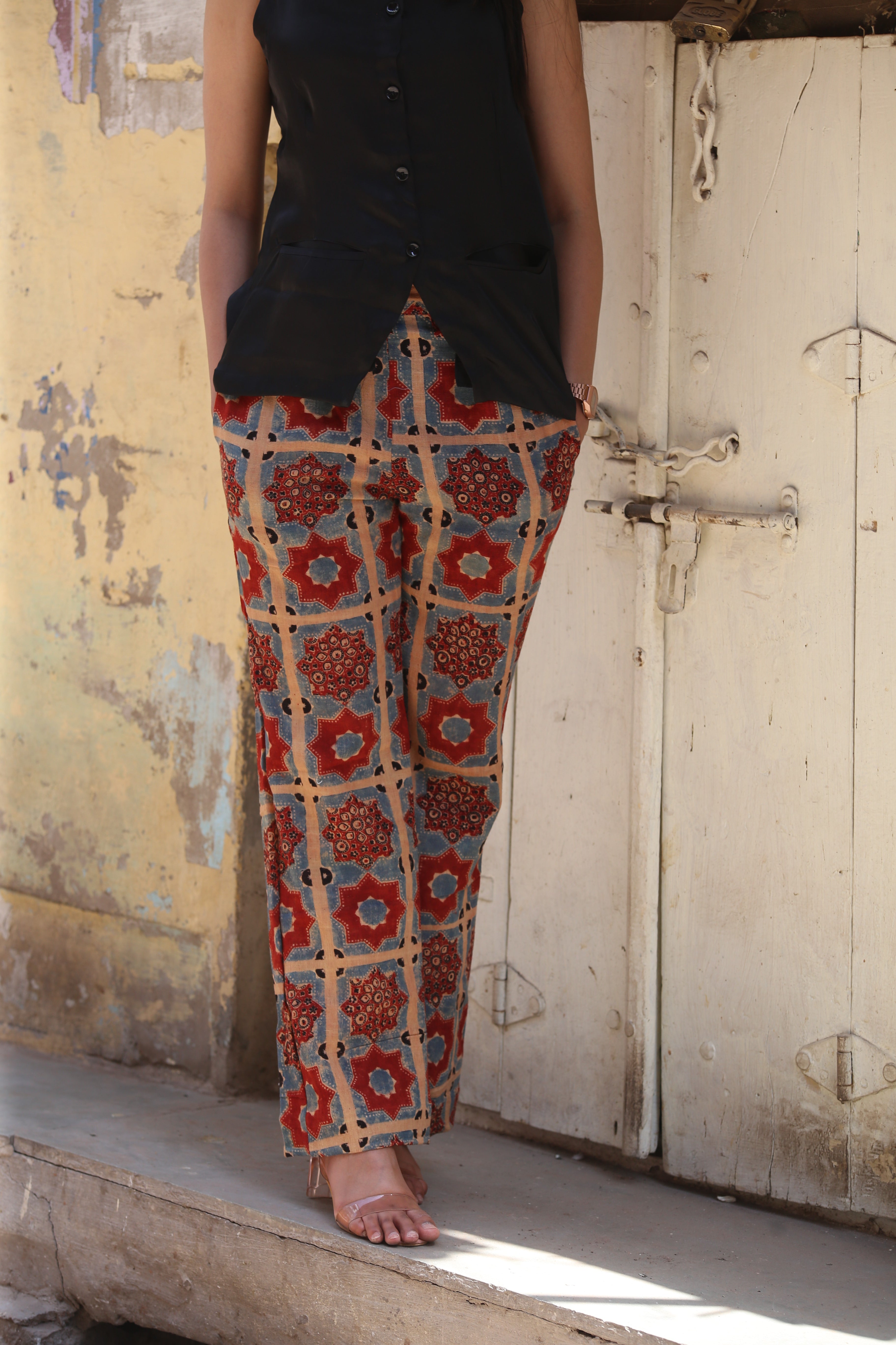 Ajrakh Handblock Kala Cotton Straight Pants - Neela Ghar