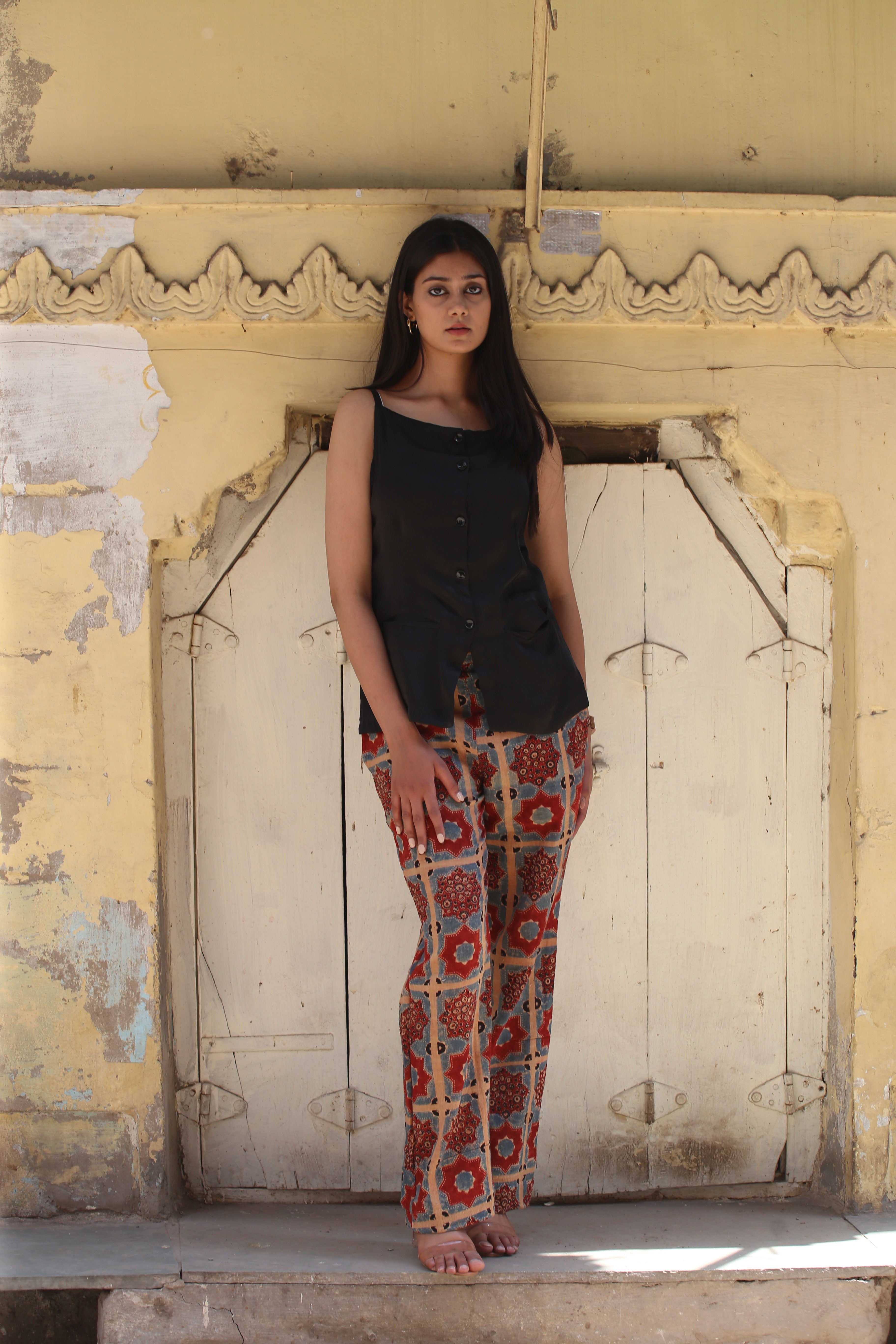 Ajrakh Handblock Kala Cotton Straight Pants - Neela Ghar