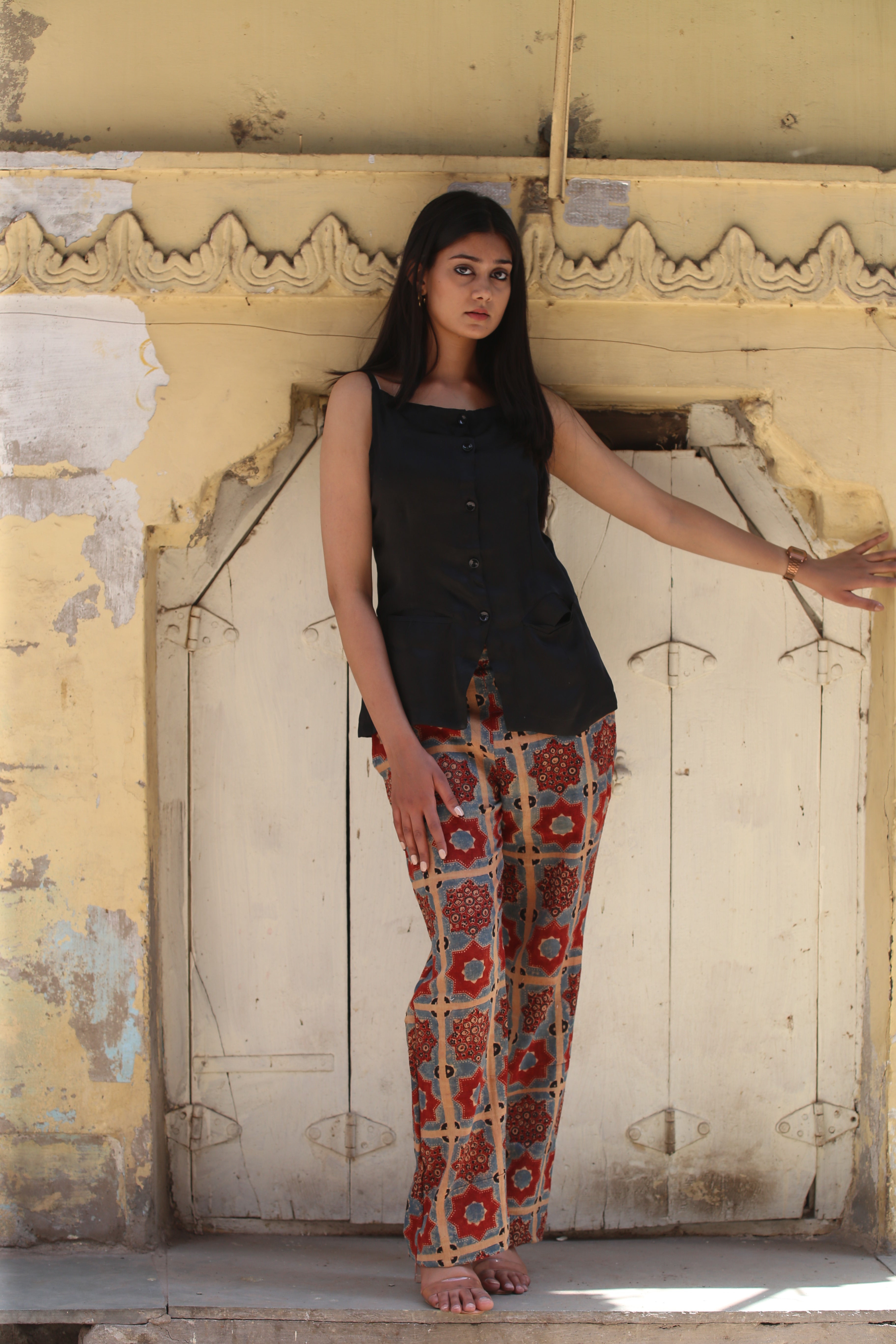Ajrakh Handblock Kala Cotton Straight Pants - Neela Ghar