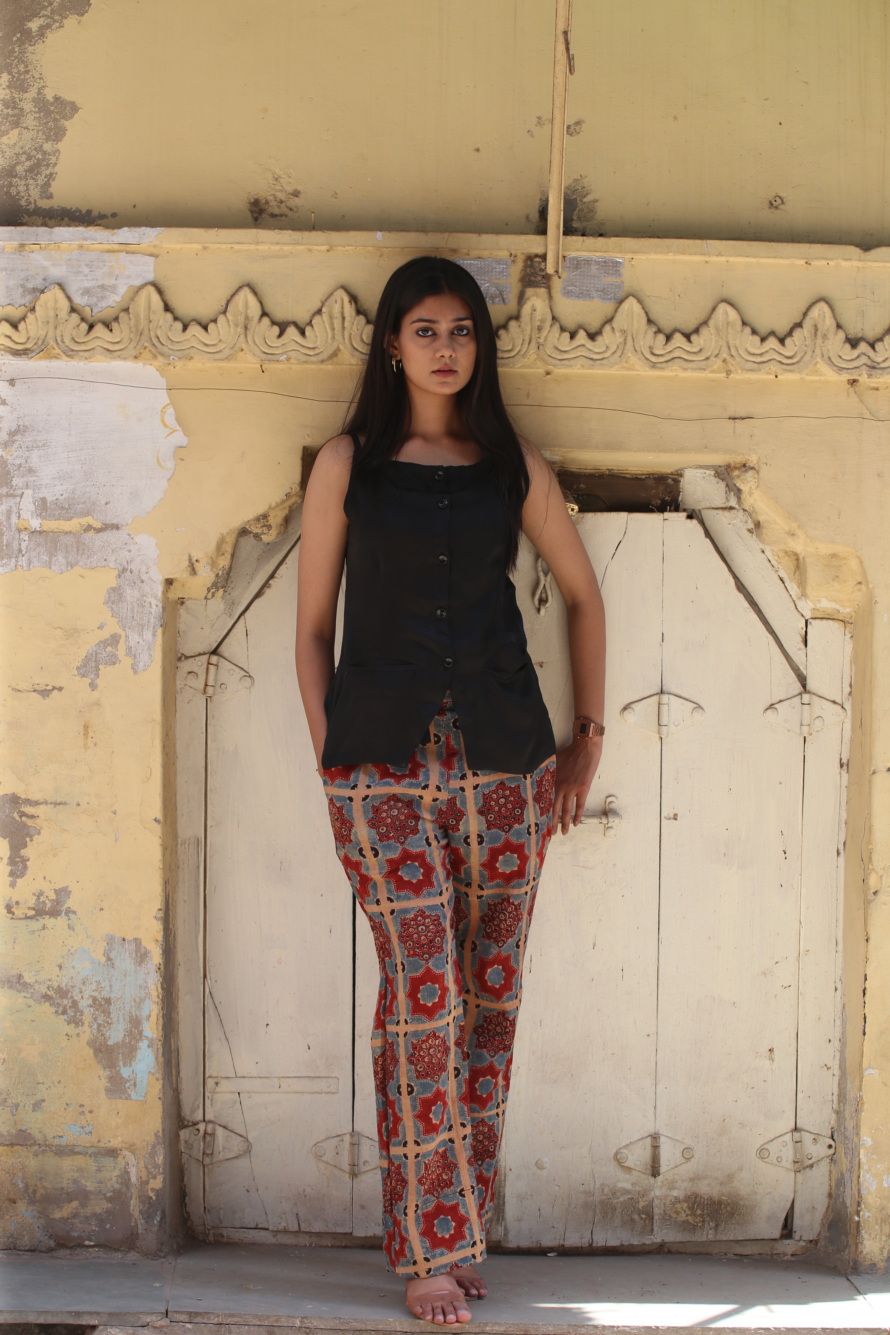 Ajrakh Handblock Kala Cotton Straight Pants - Neela Ghar