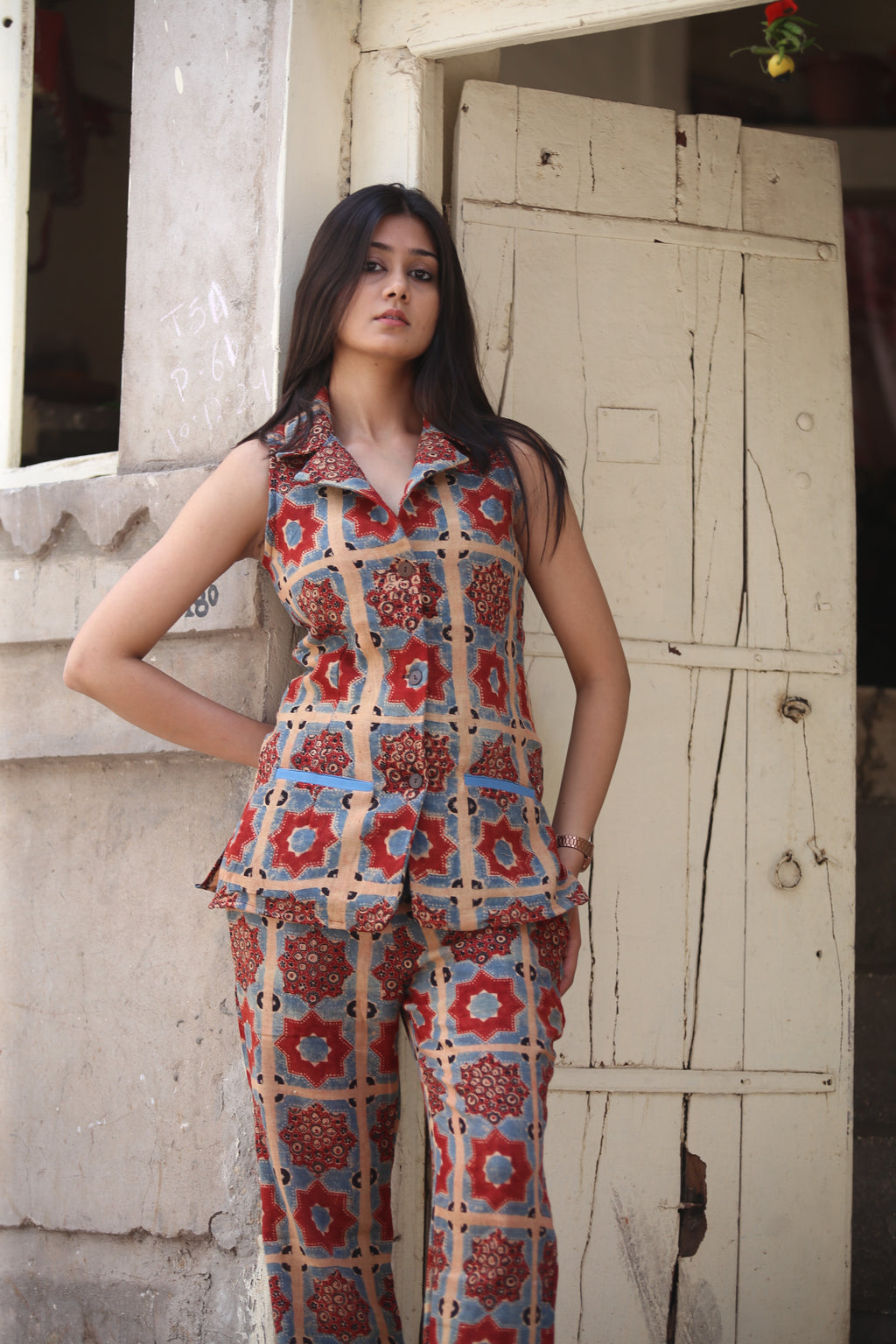 Ajrakh Handblock Kala Cotton Long Vest