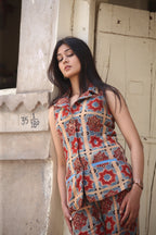 Ajrakh Handblock Kala Cotton Long Vest - Neela Ghar