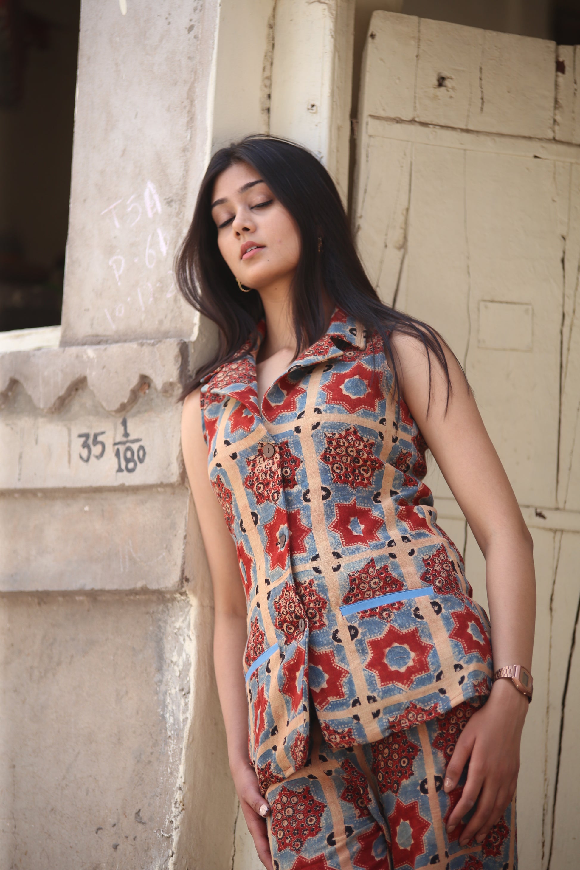 Ajrakh Handblock Kala Cotton Long Vest