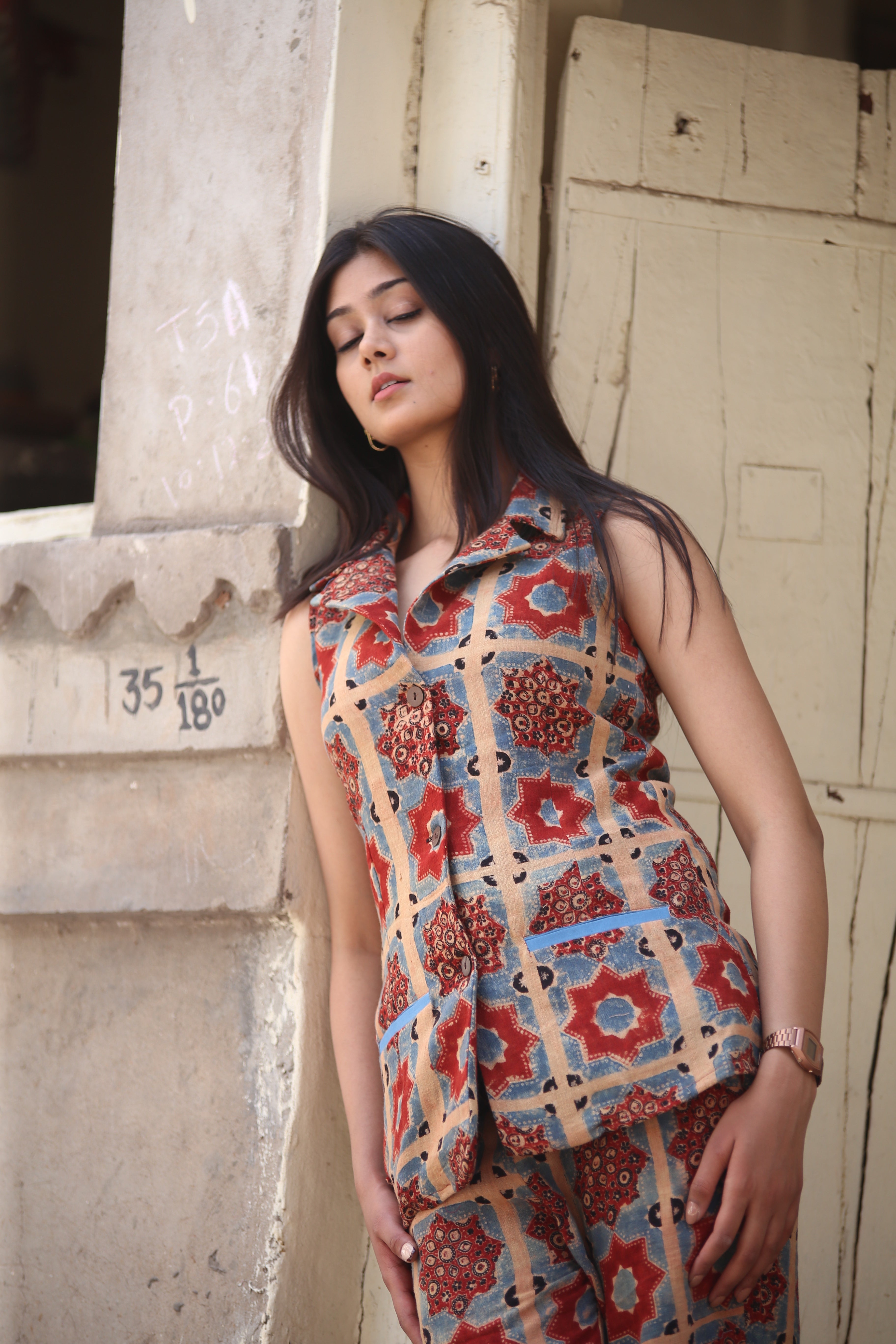 Ajrakh Handblock Kala Cotton Long Vest - Neela Ghar
