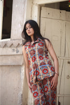 Ajrakh Handblock Kala Cotton Long Vest - Neela Ghar