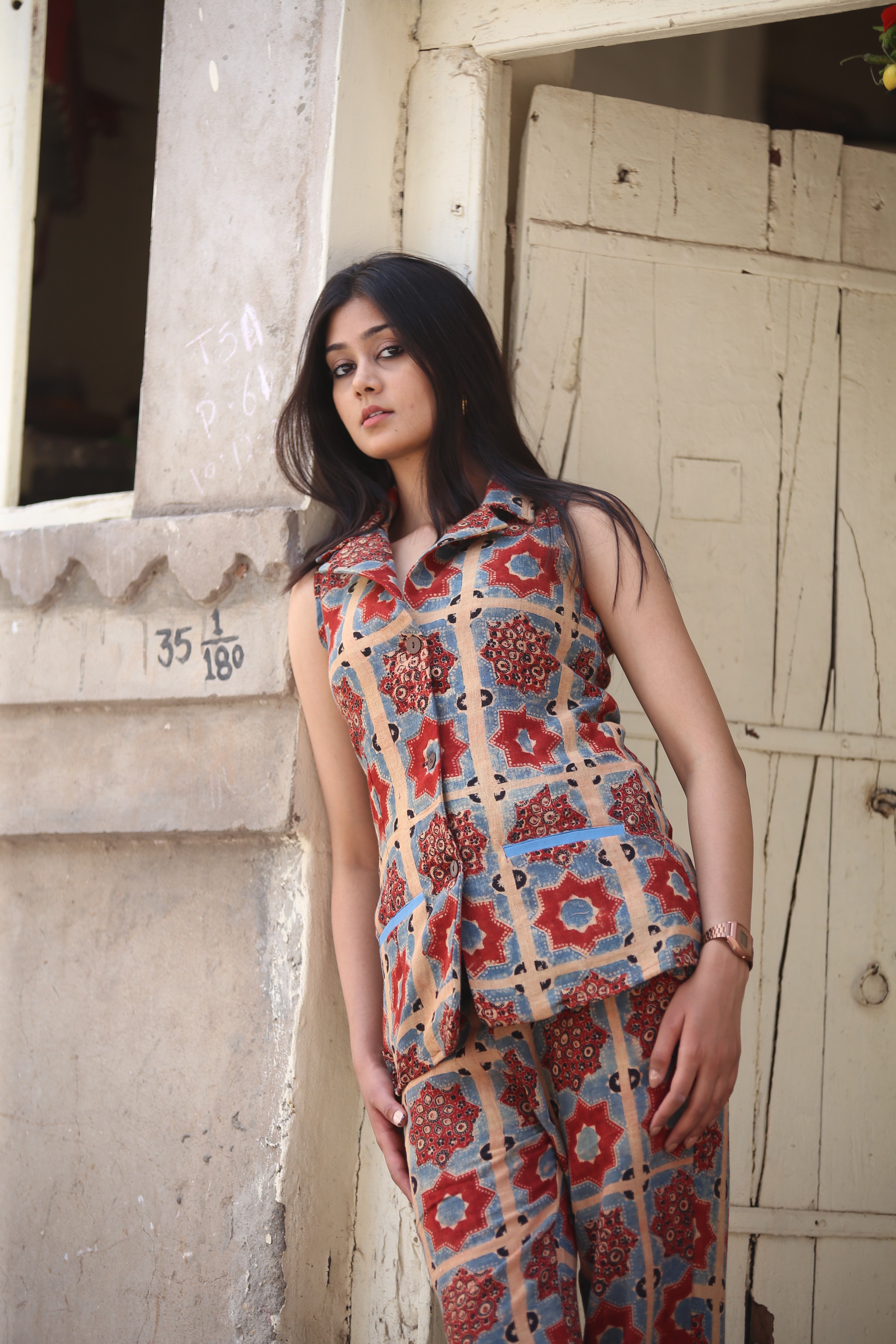 Ajrakh Handblock Kala Cotton Long Vest - Neela Ghar
