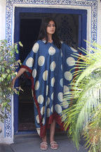 Indigo White Circle Ajrakh Handblock Kaftan - Neela Ghar