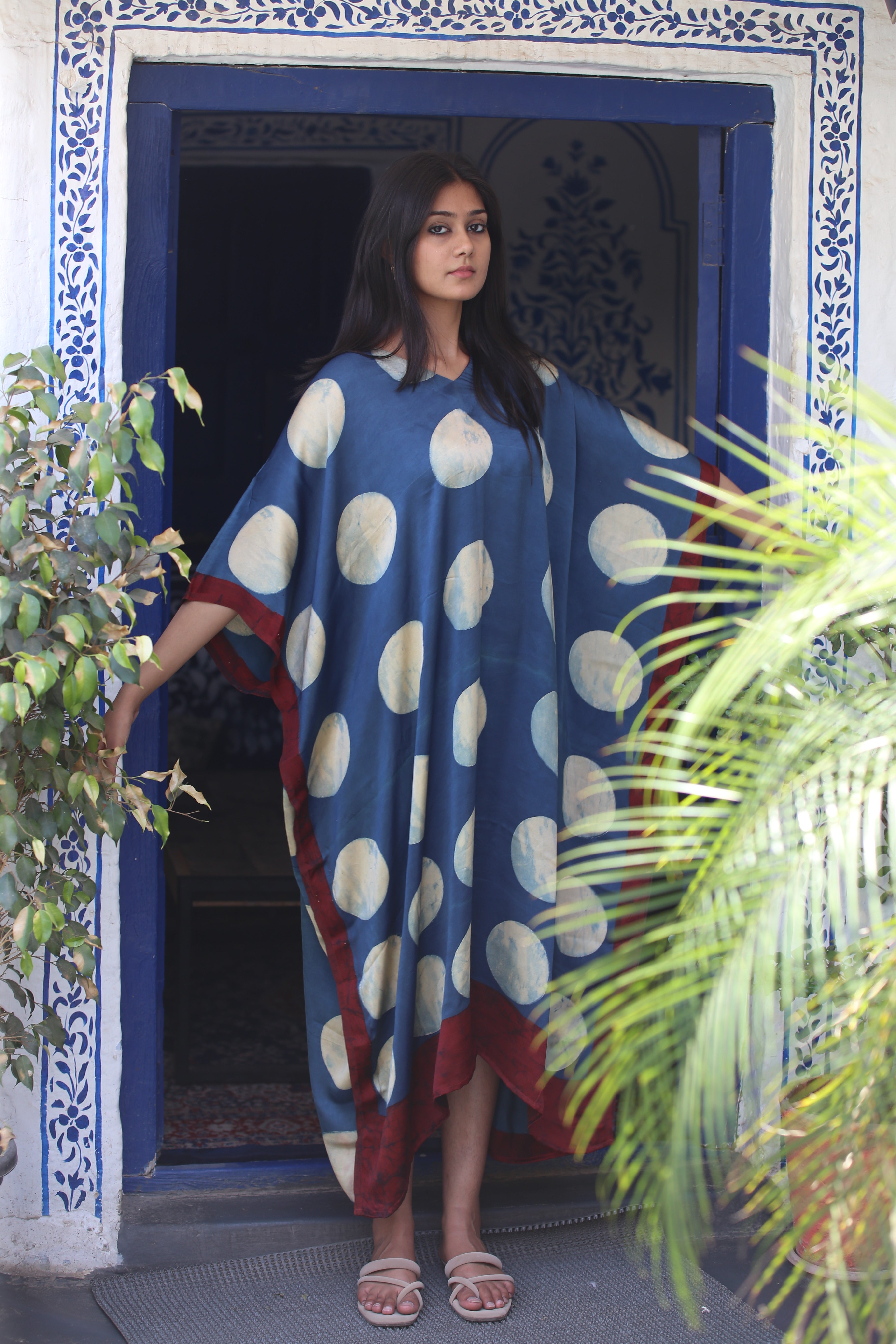 Indigo White Circle Ajrakh Handblock Kaftan - Neela Ghar