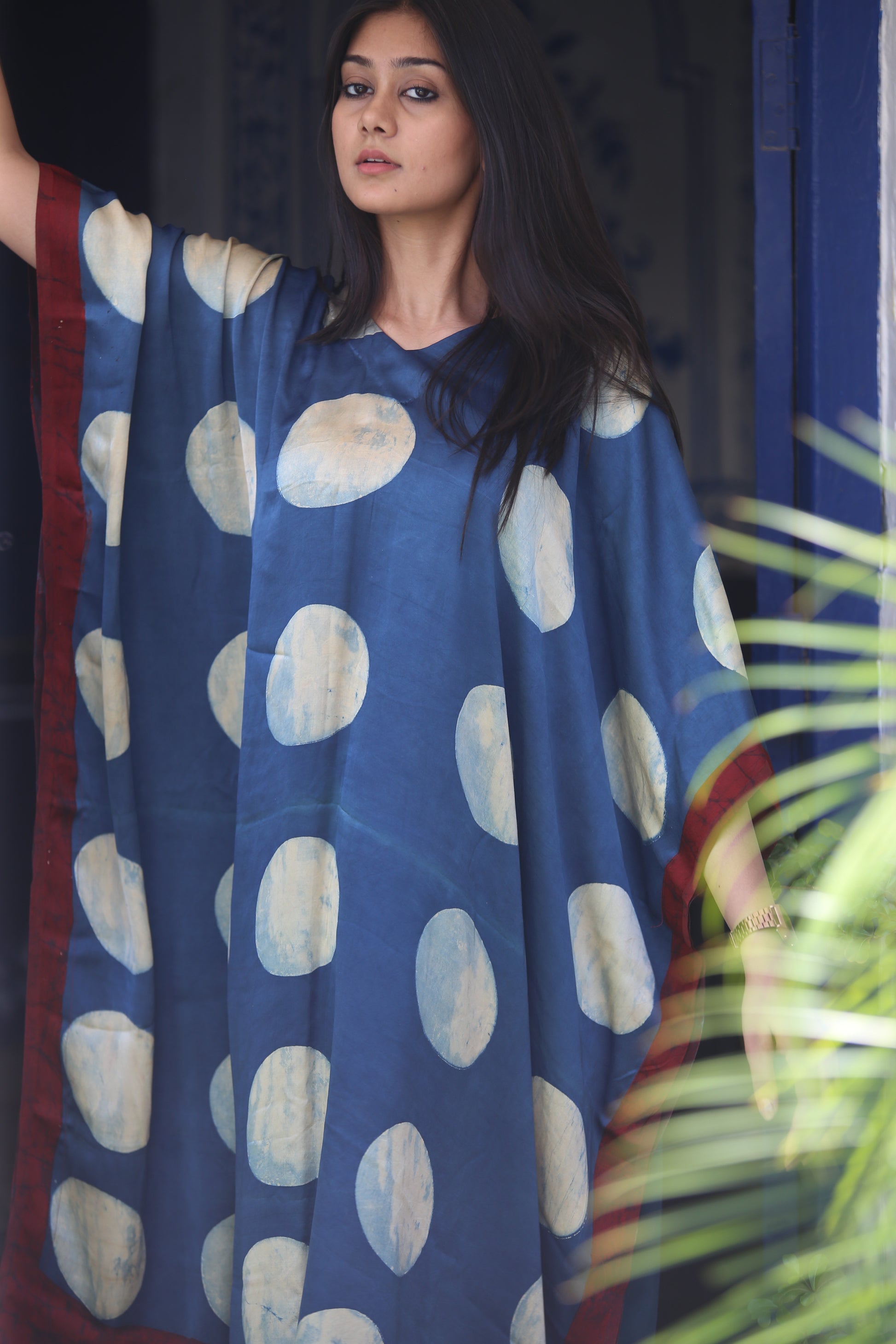Indigo White Circle Ajrakh Handblock Kaftan