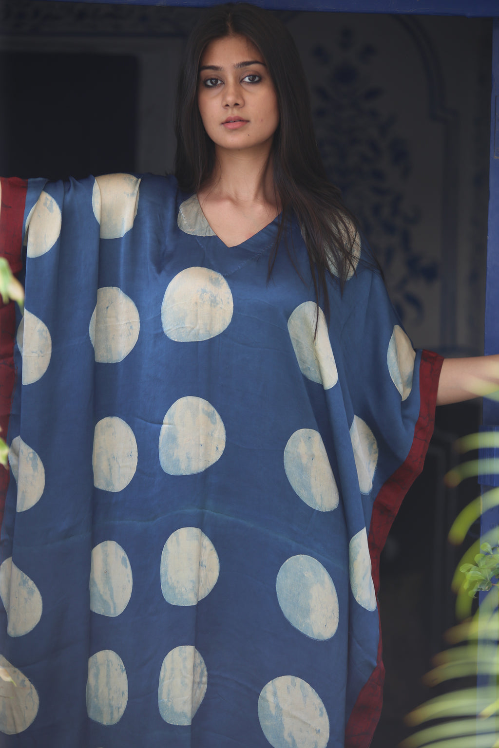 Indigo White Circle Ajrakh Handblock Kaftan