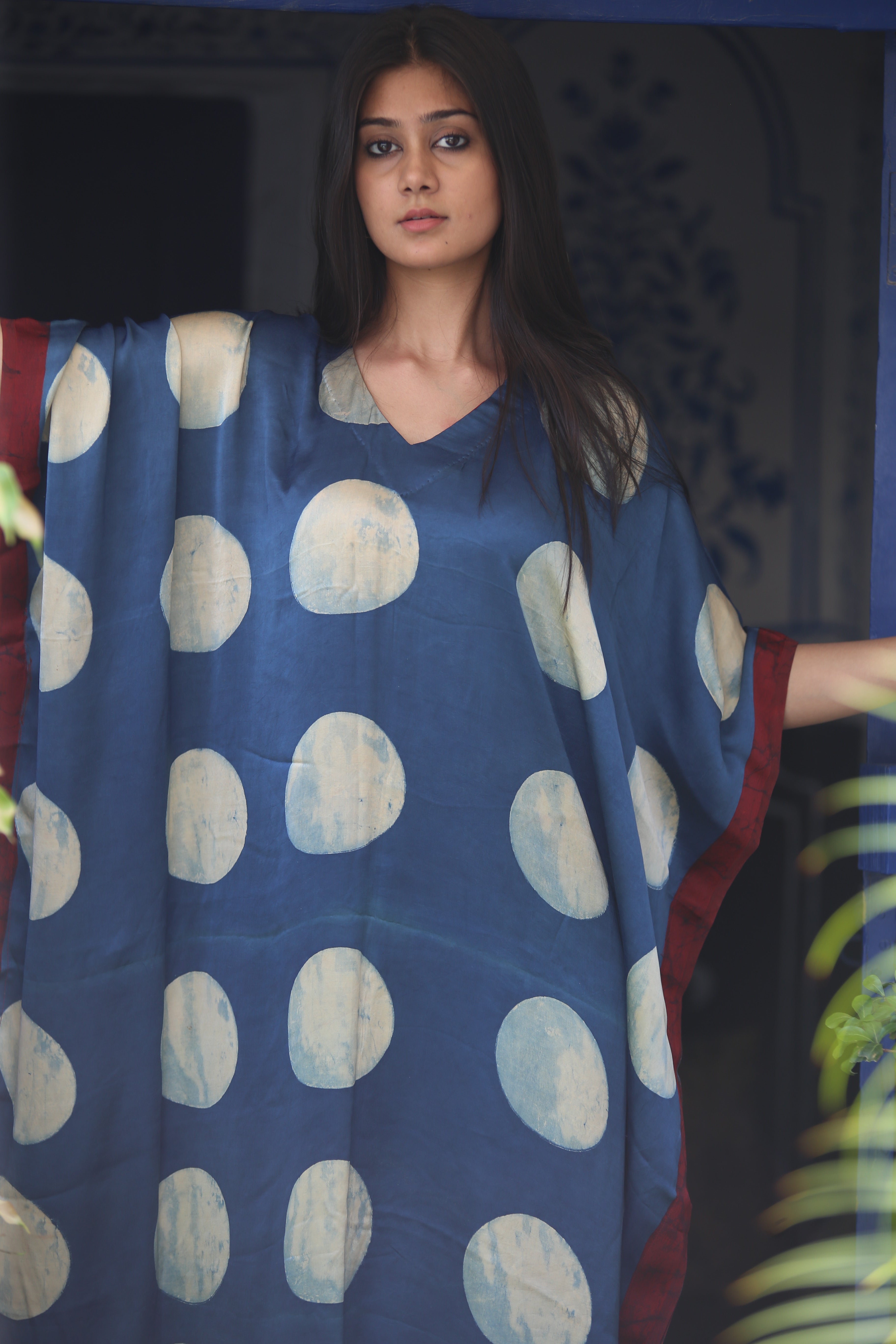 Indigo White Circle Ajrakh Handblock Kaftan - Neela Ghar