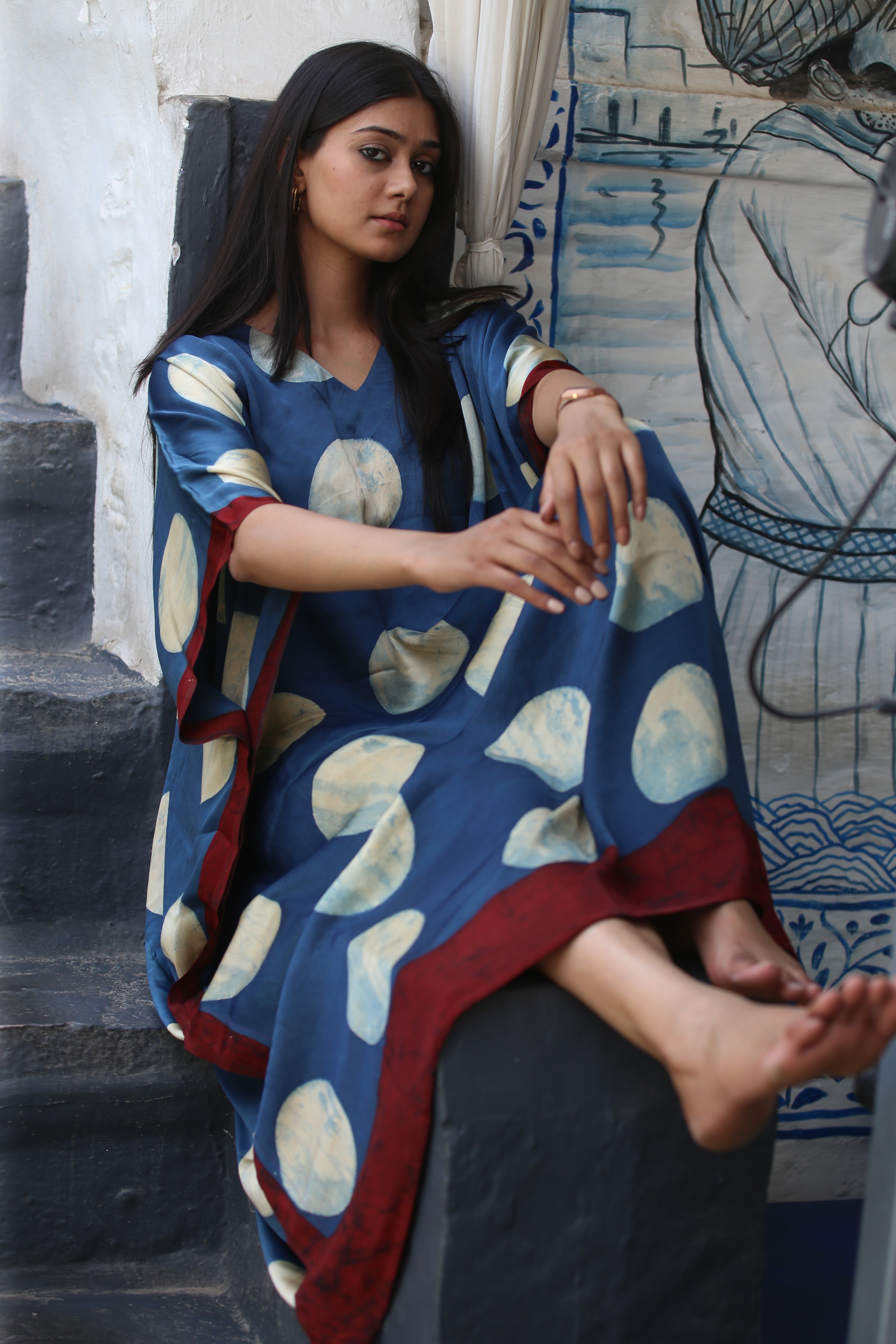 Indigo White Circle Ajrakh Handblock Kaftan - Neela Ghar
