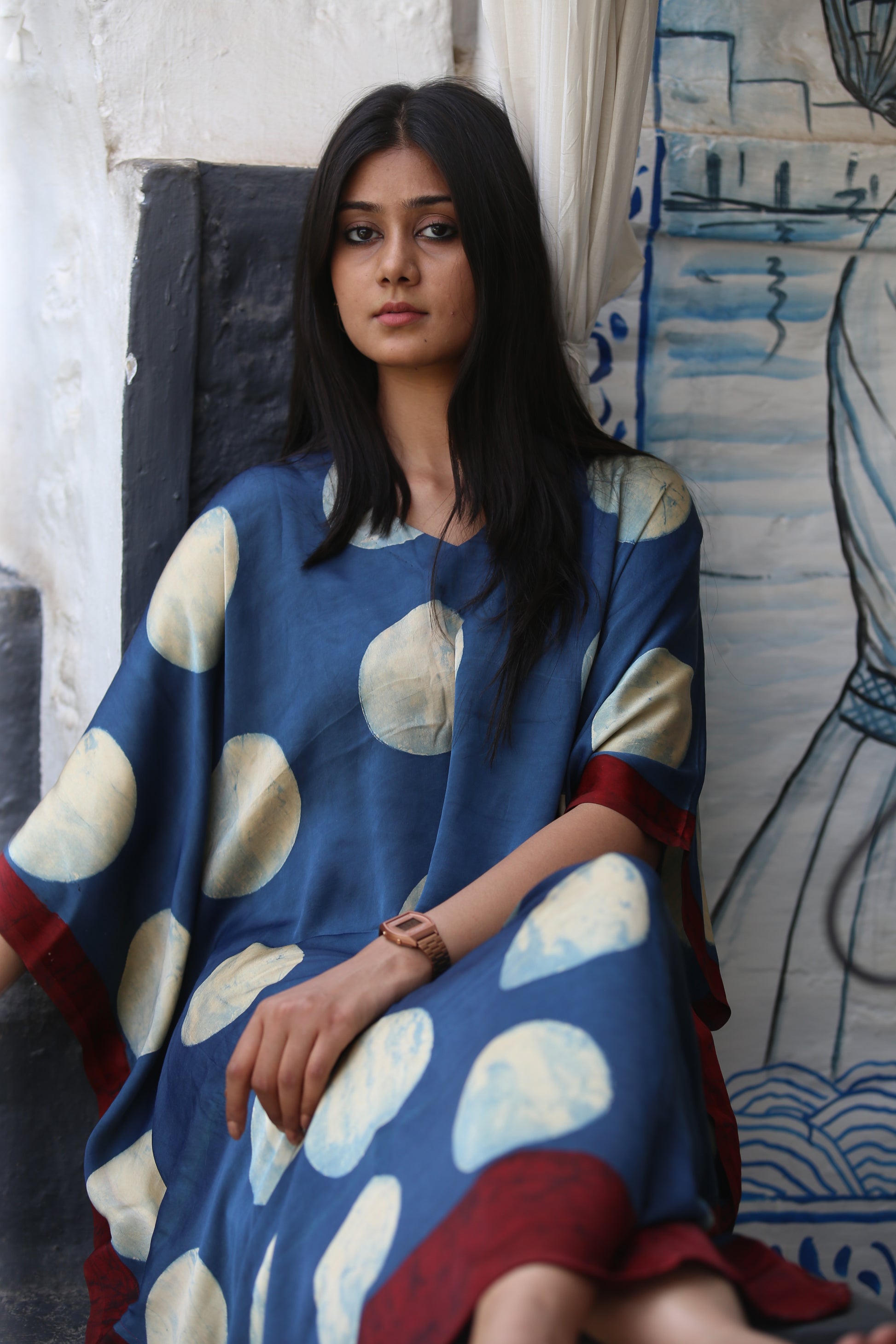 Indigo White Circle Ajrakh Handblock Kaftan