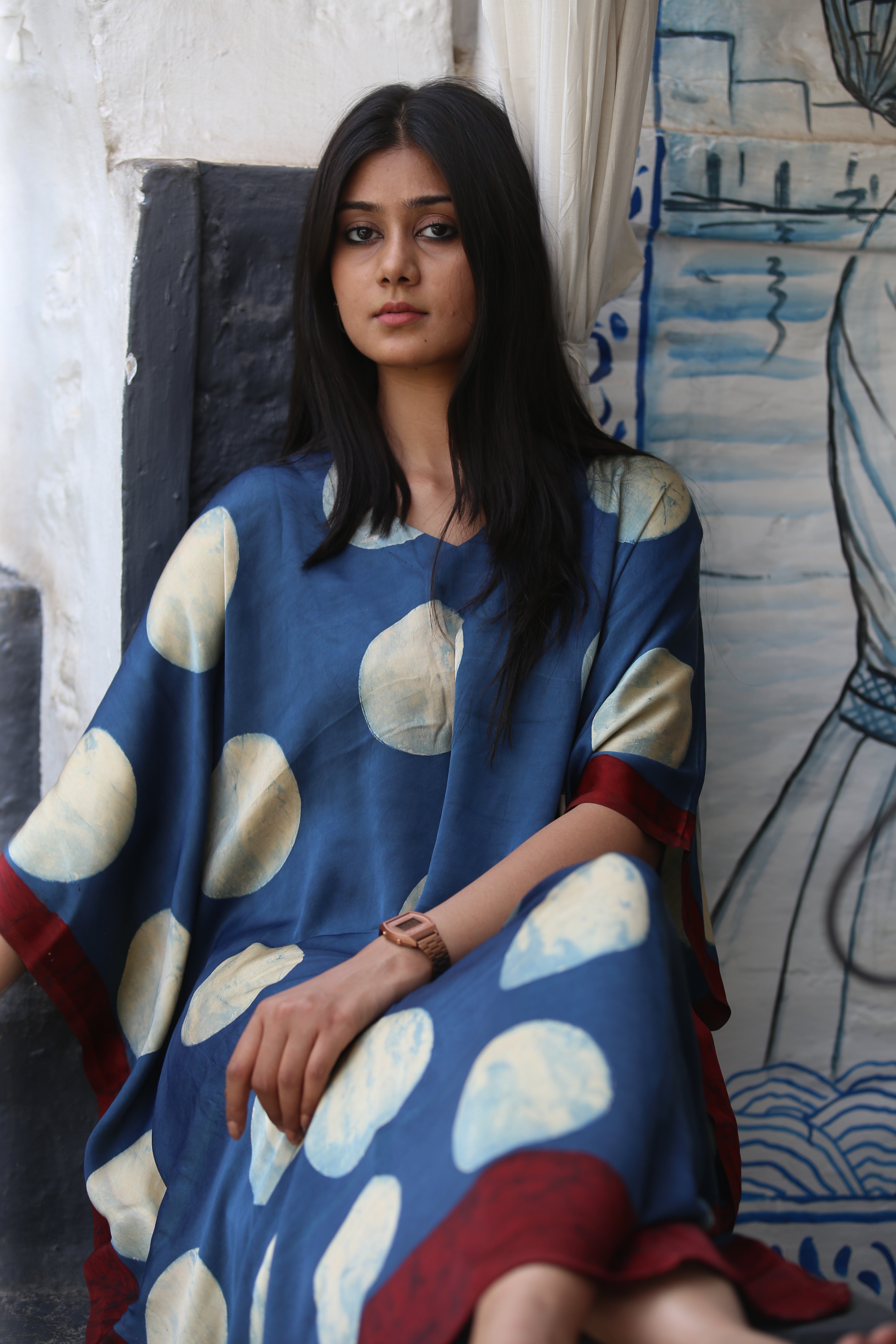 Indigo White Circle Ajrakh Handblock Kaftan - Neela Ghar