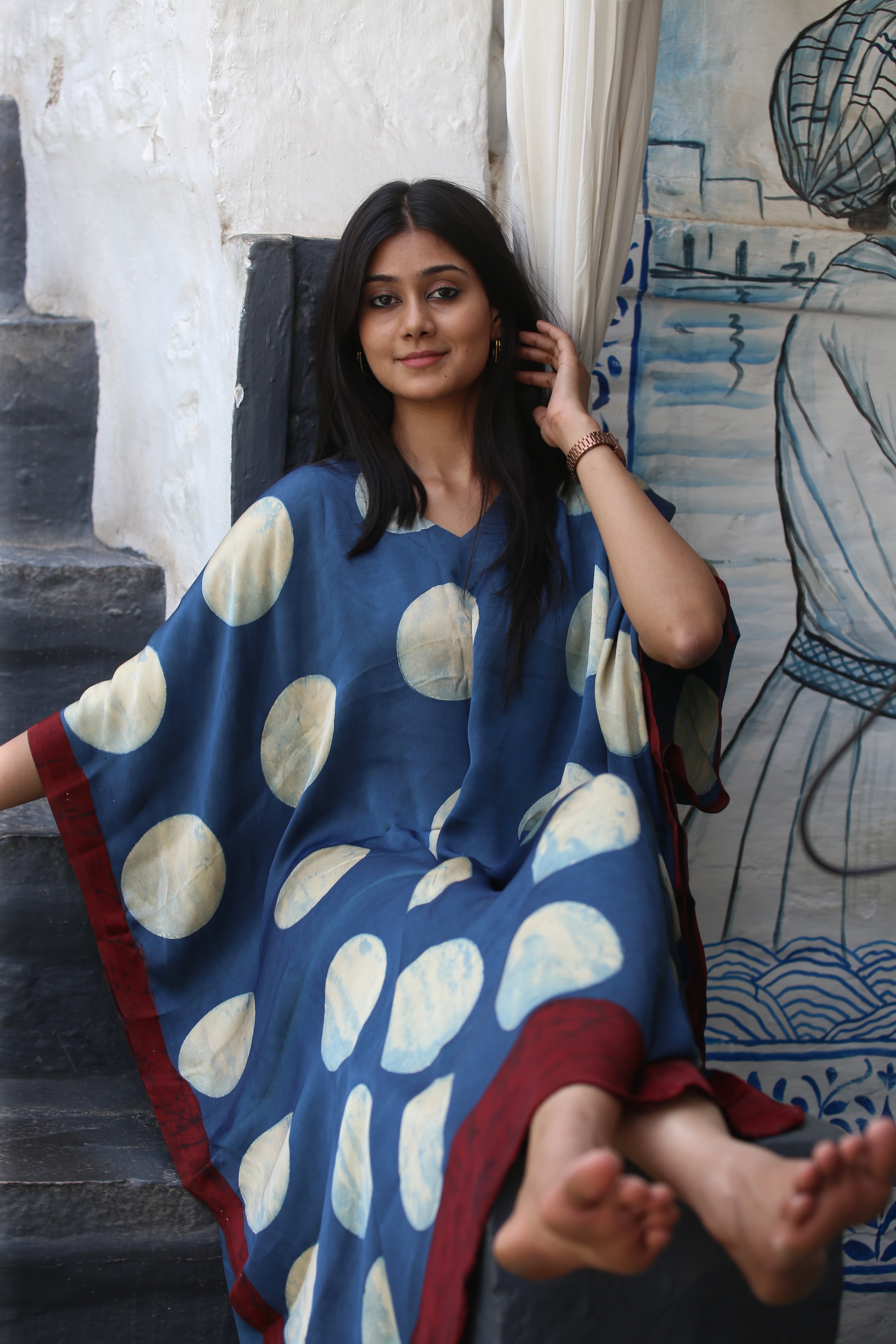 Indigo White Circle Ajrakh Handblock Kaftan - Neela Ghar