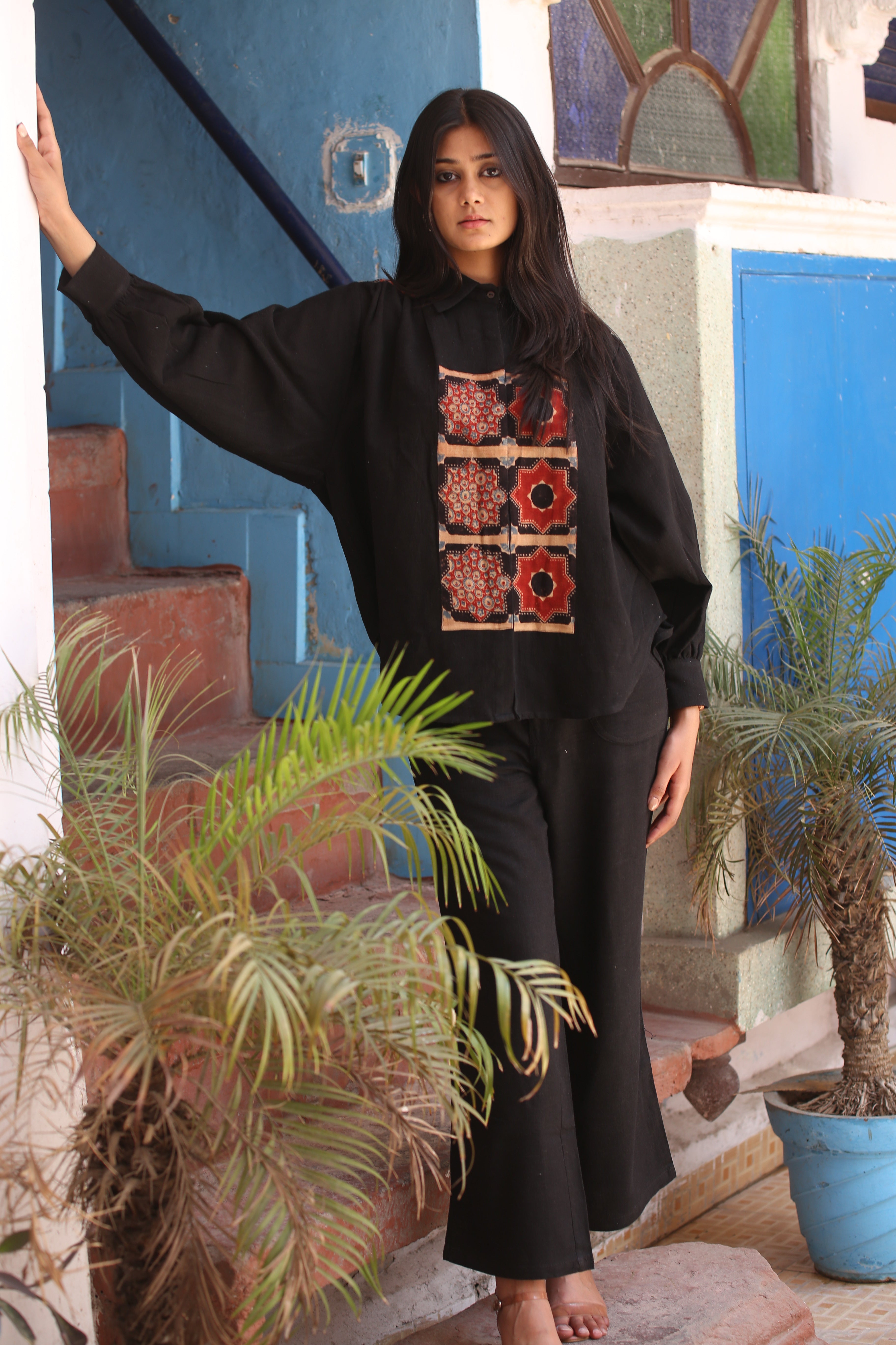 Ajrakh Panelled Kala Cotton Shirt - Neela Ghar