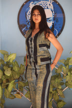 Indigo Striped Textured Tie-Up Kala Cotton Vest - Neela Ghar
